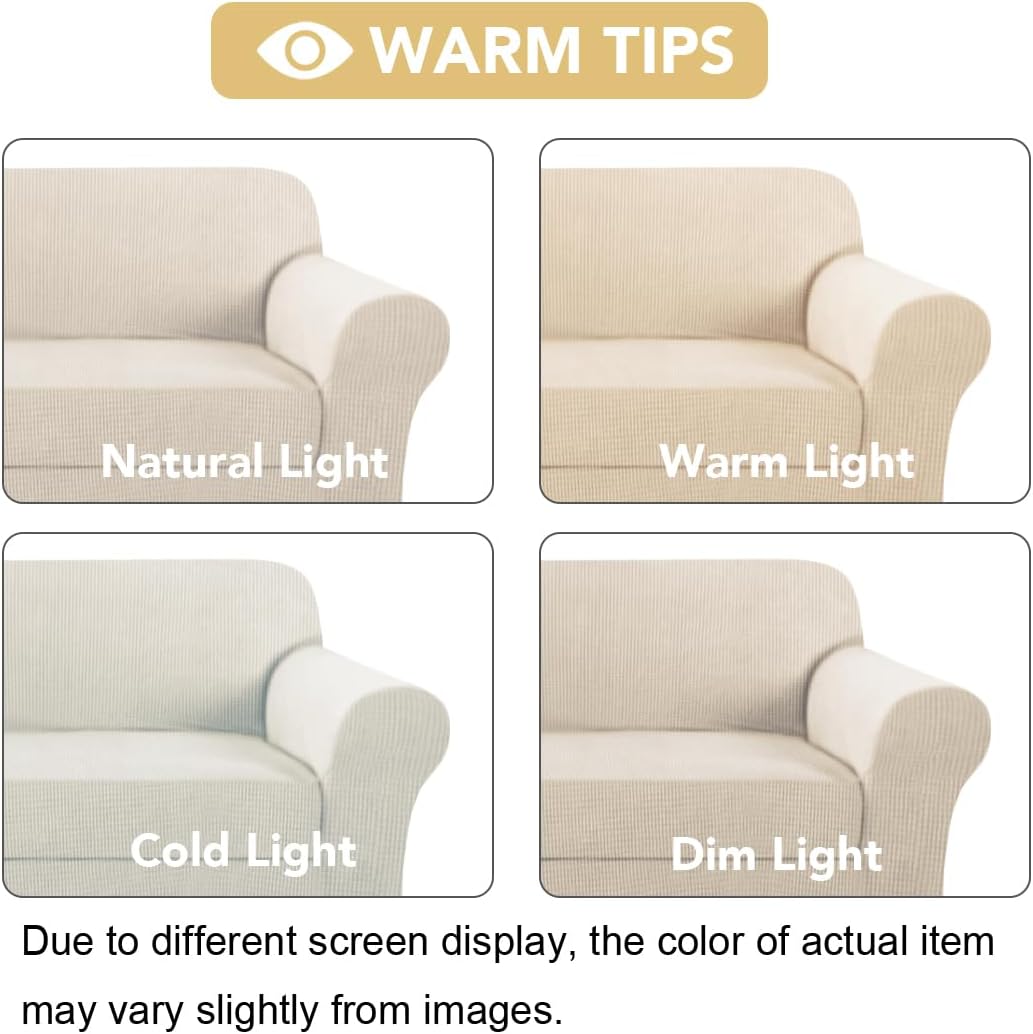 H.VERSAILTEX Stretch Armchair Slipcover 2 Piece T Cushion Chair Covers for Living Room Furniture Cover Suit for Box Cushion, Spandex Jacquard Fabric Small Checks(Armchair-Oversized, Ivory)