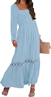 Women's 2025 Boho Long Sleeve Square Neck Smocked High Waist Flowy A Line Lace Trim Maxi Dress