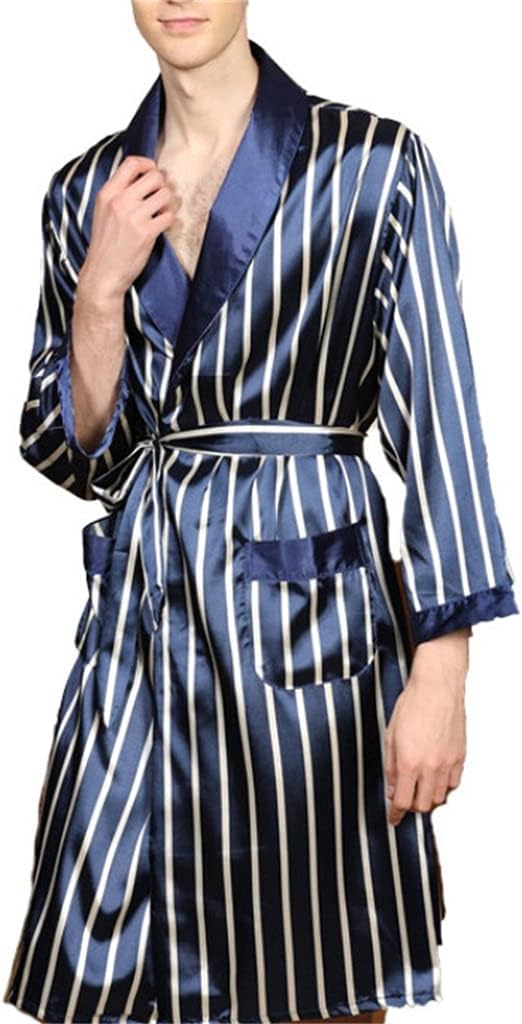 Bathrobe Men's Spring and Autumn Satin Night Gown Casual Plus Size Pajamas Striped Home Service