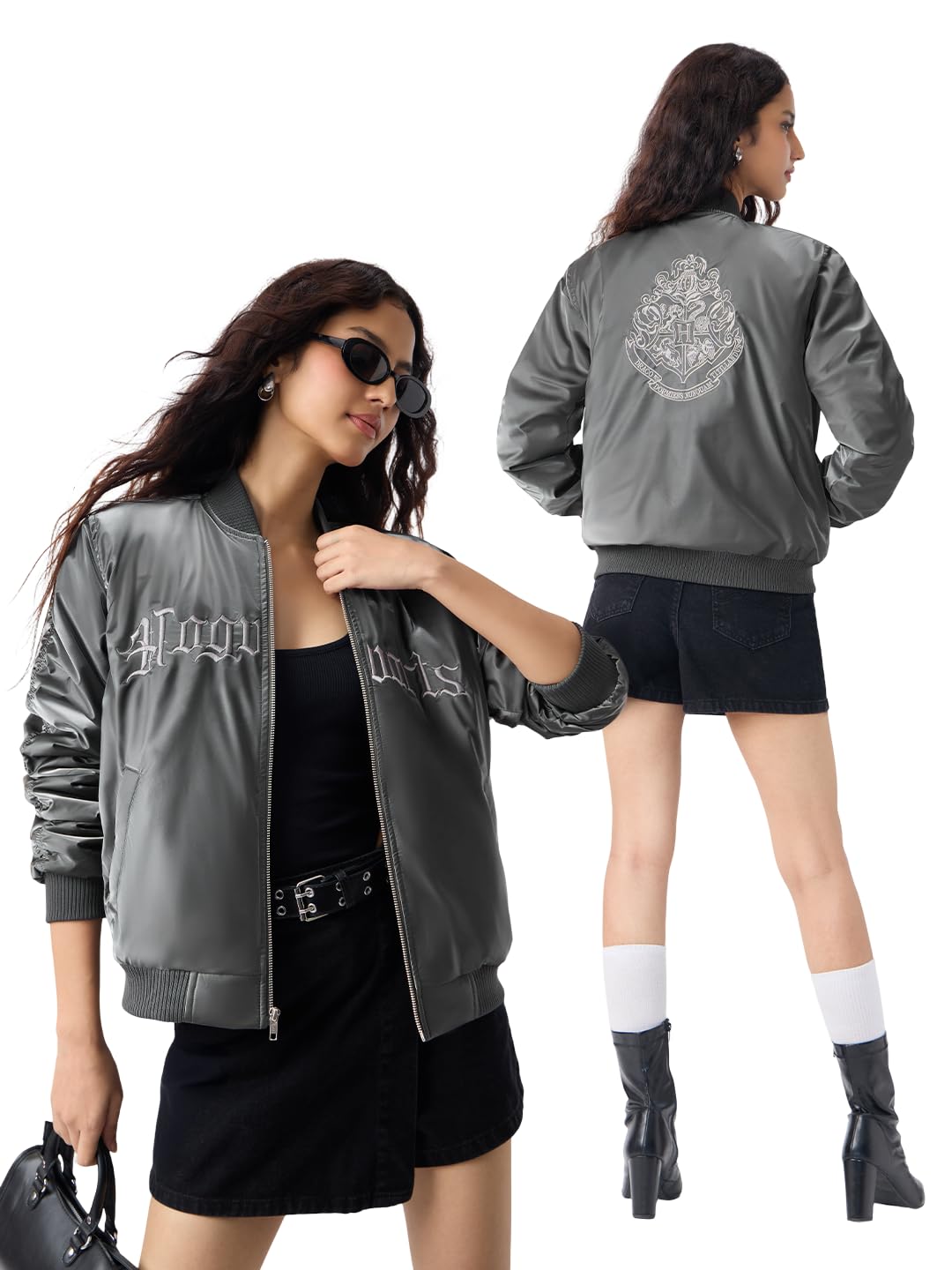 the souled store Harry Potter: School Sigil Women and Girls Full Sleeves Round Neck Dark Grey Embroidered Graphic Polyester Regular Fit Lightweight Casual Bomber Jacket-picture-29