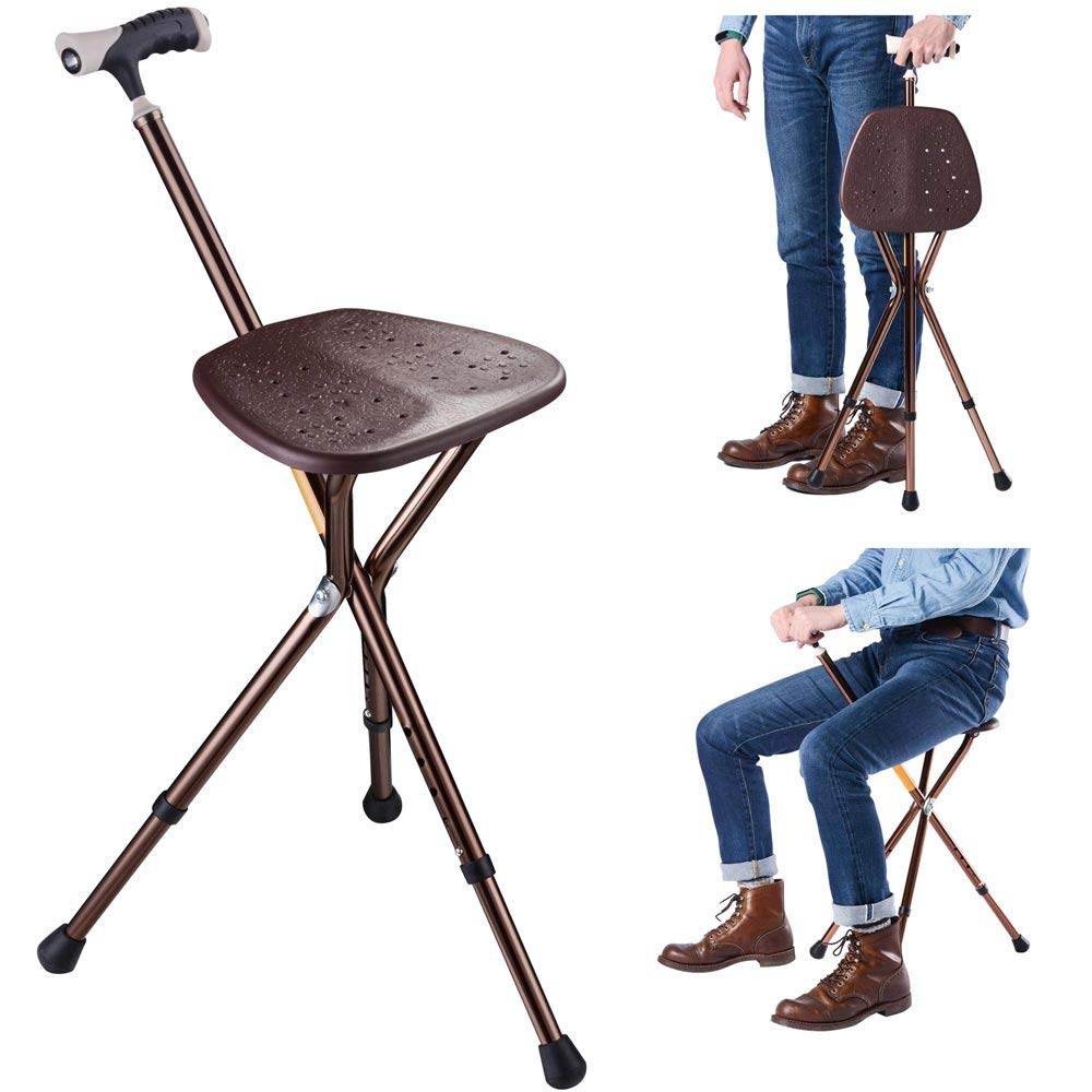 Photo 1 of AW Portable Folding Walking Seat Cane Stick 3 Legs Height Adjustable Tripod Chair with LED Light Breathable Surface 1 Count (Pack of 1) Copper