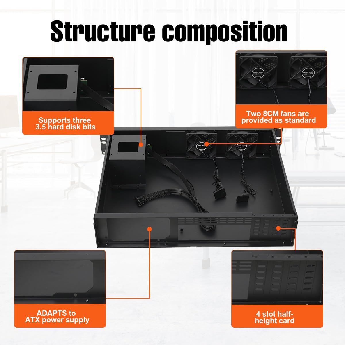 2U Server Chassis Server Case Rackmount Case Supports Mini ITX and Micro ATX (9.6 x 9.6) Mainboards Supports 3 x 3.5 HDD or 2 x 3.5 HDD + 1 x 2.5 SSD Hard Disks
