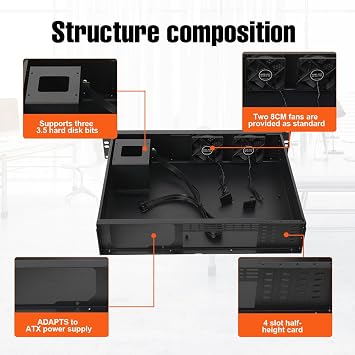 2U Server Chassis Server Case Rackmount Case Supports Mini ITX and Micro ATX (9.6 x 9.6) Mainboards Supports 3 x 3.5 HDD or 2 x 3.5 HDD + 1 x 2.5 SSD Hard Disks