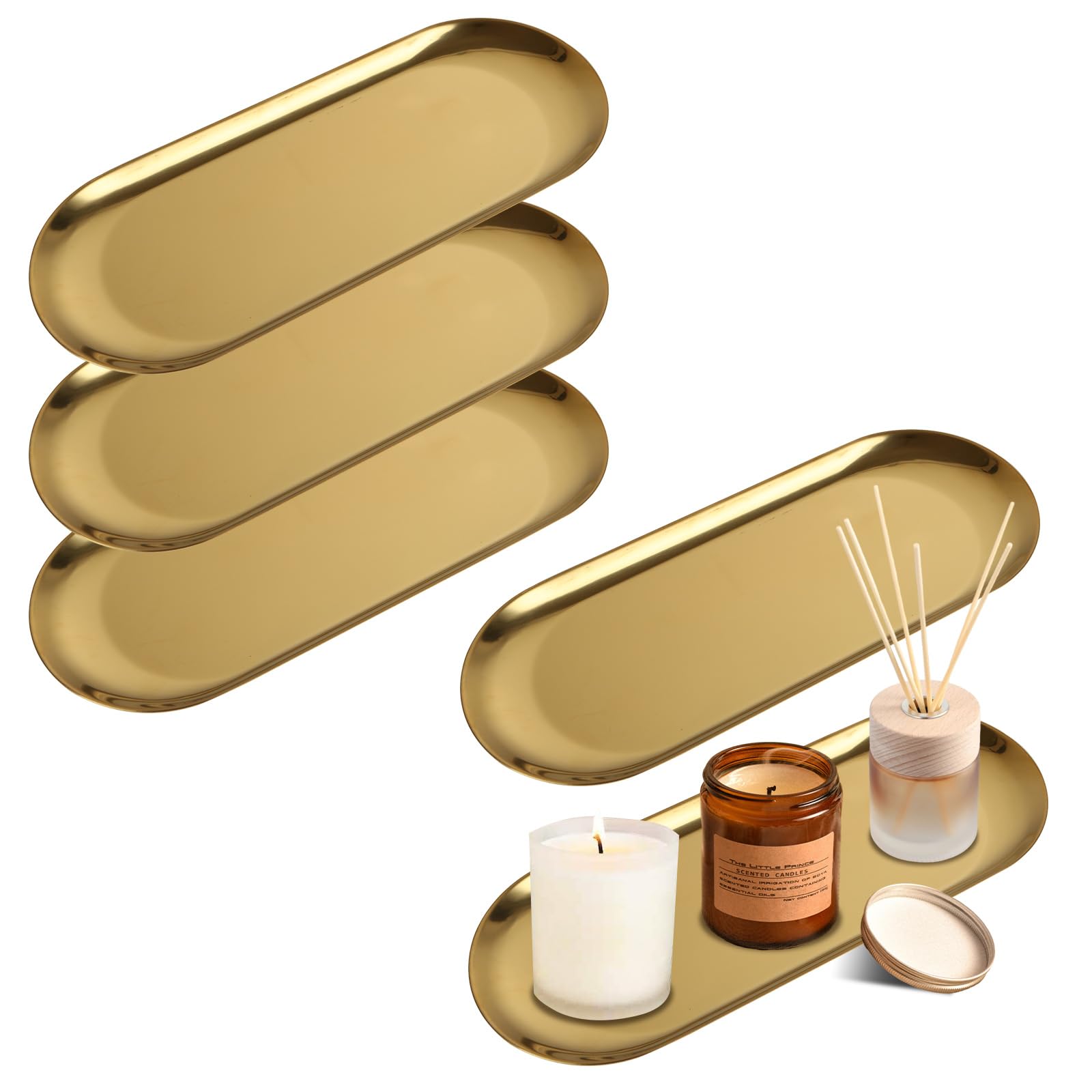 WOPPLXY 5 PCS Gold Serving Tray - 23x9CM Stainless Steel Oval Gold Trays Decorative - Trinket Vanity Tray Golden Plate for Storage, Serving