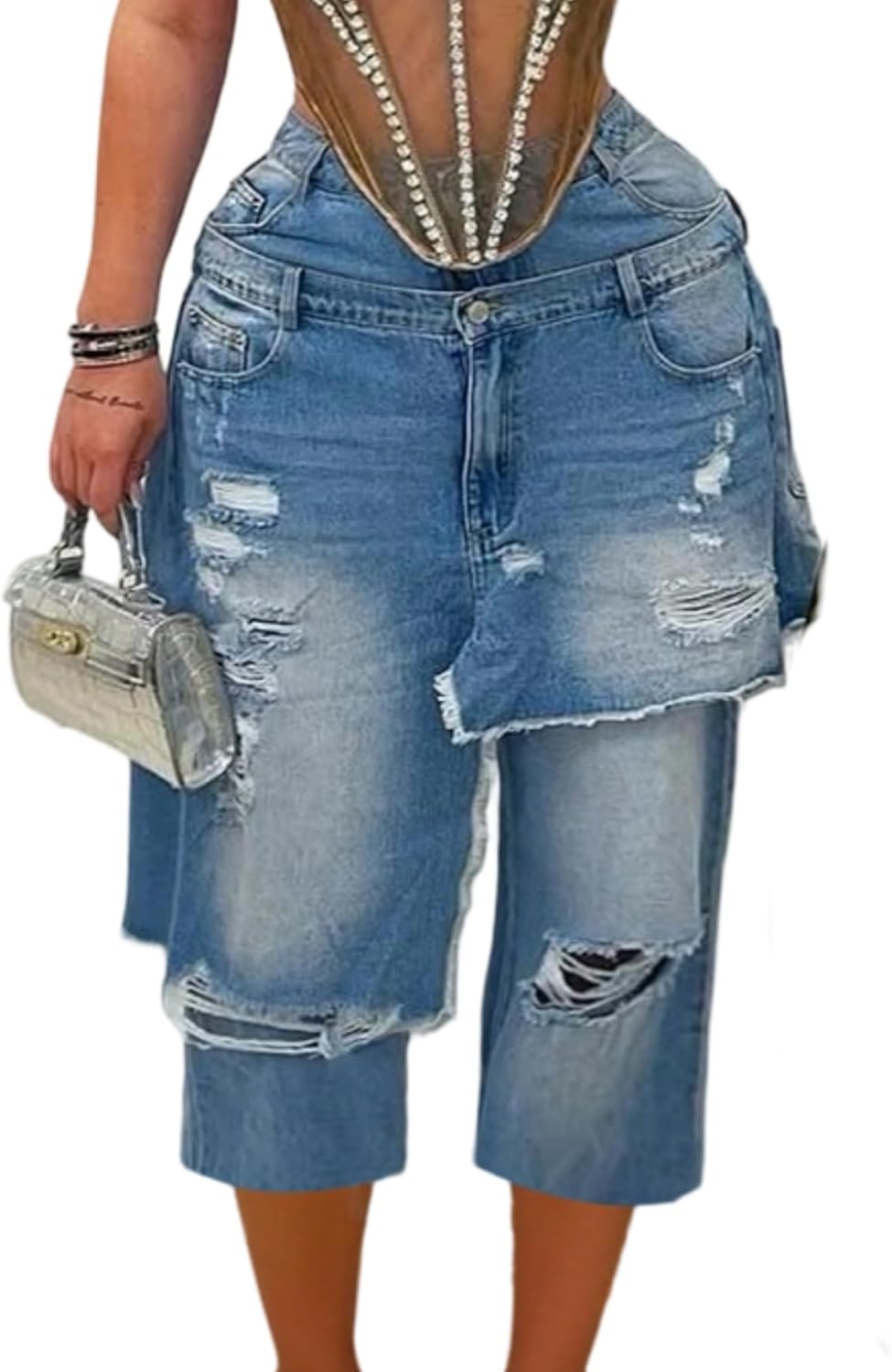 Women's Jean Capris Ripped High Waisted Straight Leg Distressed Jeans Vintage Washed Y2k Splicing Denim Pants