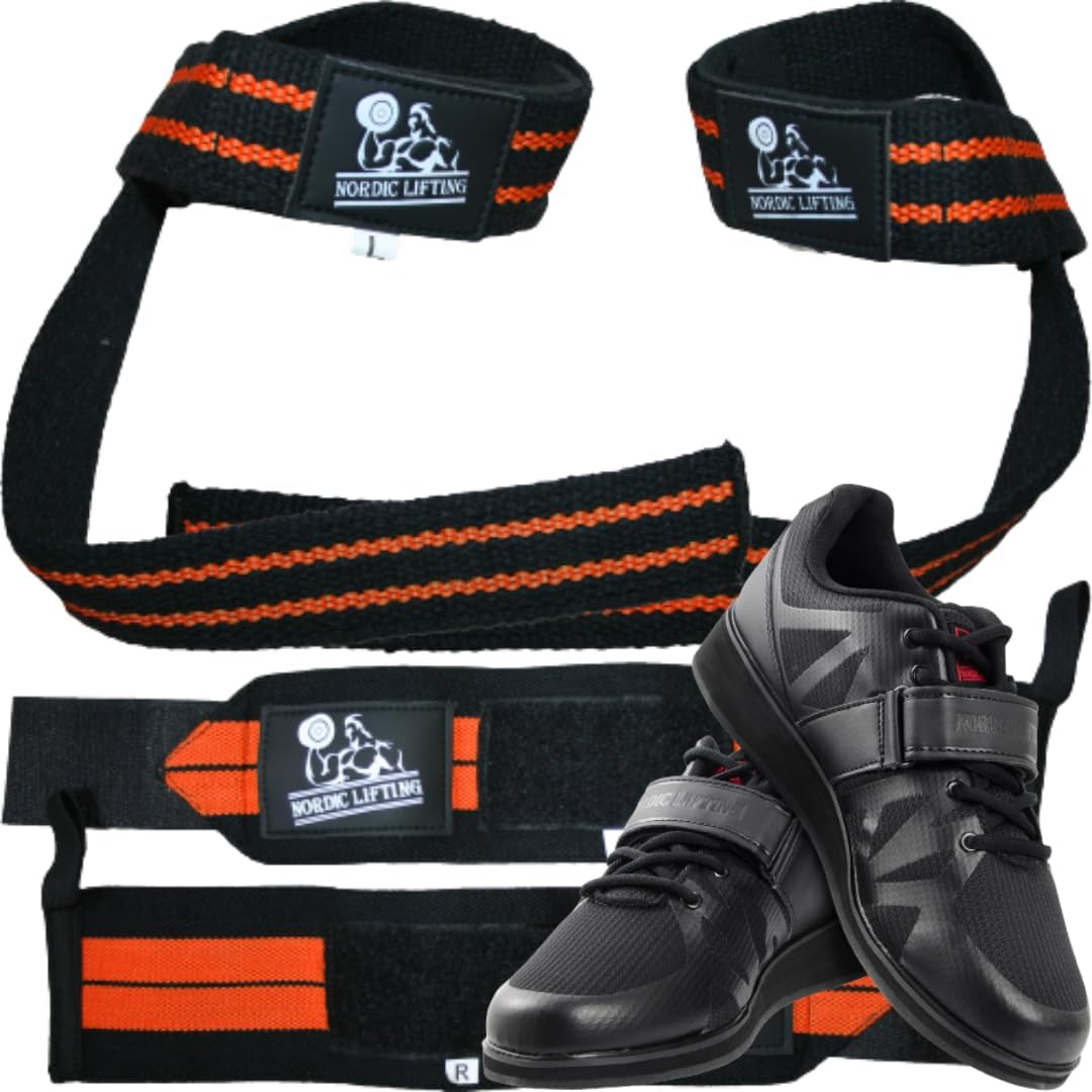 Wrist Wraps and Lifting Straps Bundle - Orange Bundle with Shoes Megin Size 8 - Black