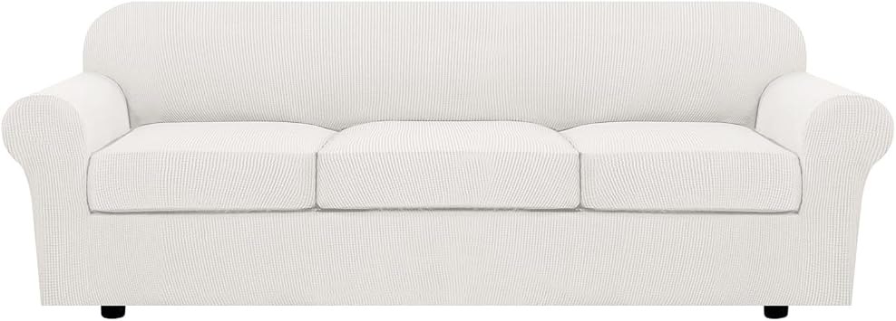 H.VERSAILTEX 4 Piece Stretch Sofa Covers for 3 Cushion Couch Furniture Slipcovers for Living Room 1 Base Cover Plus 3 Seat Cushion Covers Jacquard Fabric Cover XL Sofa, Porcelain White