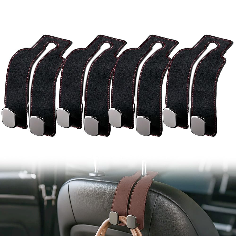 REBPUE Car Headrest Hook for Mercedes-Benz H243 EQA 2021 2022 2023 2024 2025, Suede Fabric Vehicle Back Seat Hanger, Dual Metal Storage Holder, Purse Grocery,Black-4pcs