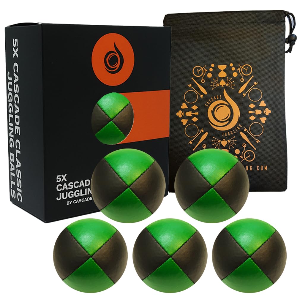 5 x Pro 115g Cascade Classic Black Theme Juggling Balls - Thud Juggling Balls & Bag - Set of 5 Juggling Balls (Green and Black)