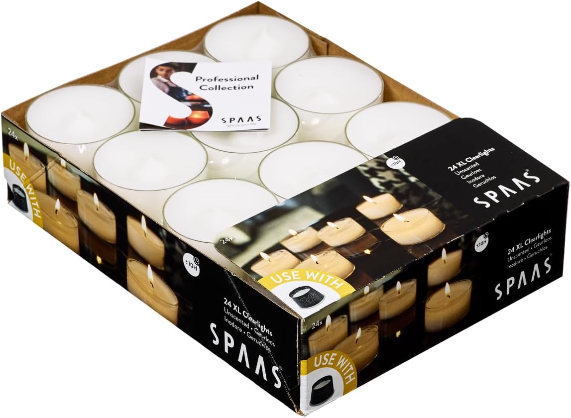 Spaas 24 Maxi Unscented Clearlights, Tealights in Transparent Cup, ± 10 Hours, White