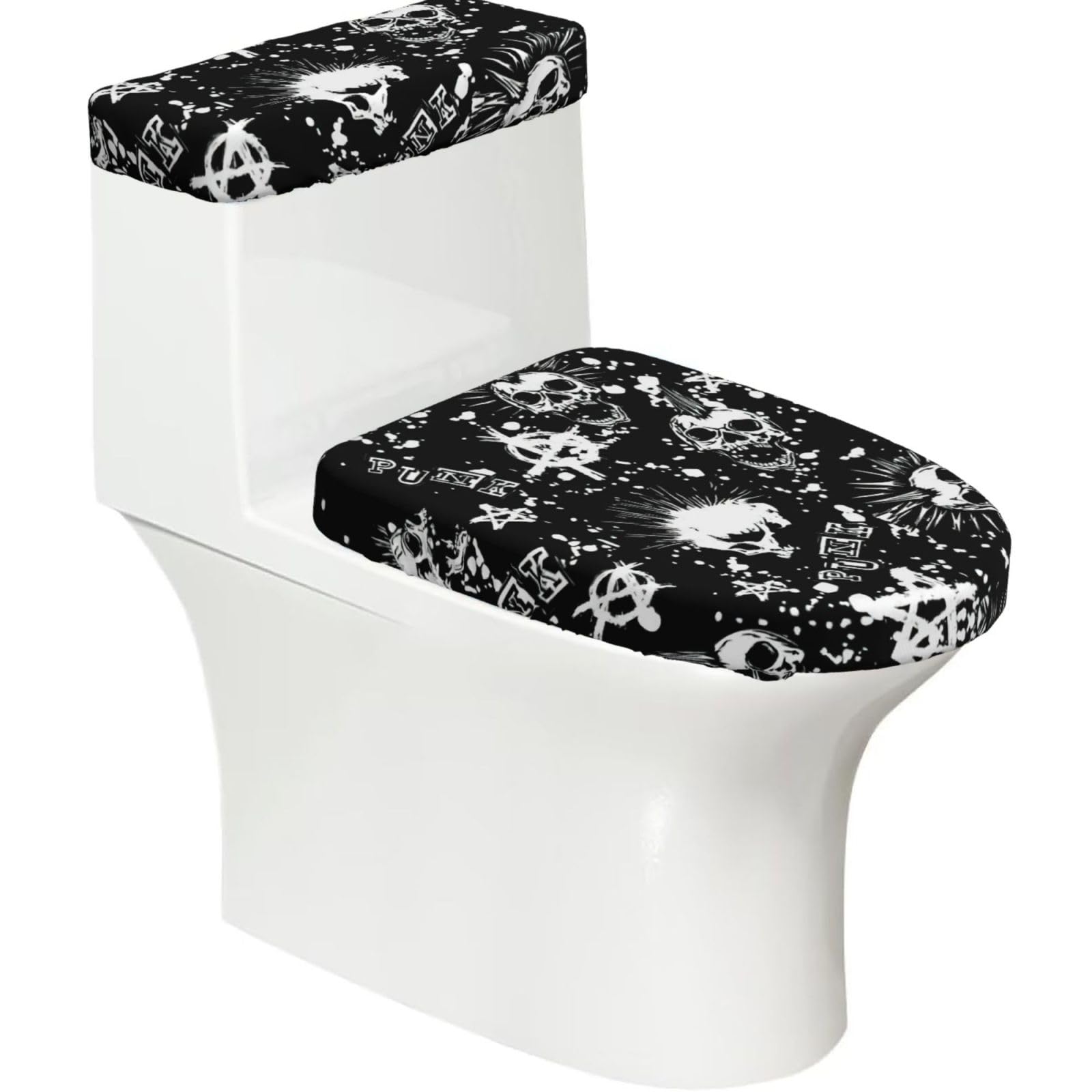 White Punk Skull Printed Toilet Tank and Lid Cover Set of 2 for Most Bathrooms, Fits Elongated Round Toilets