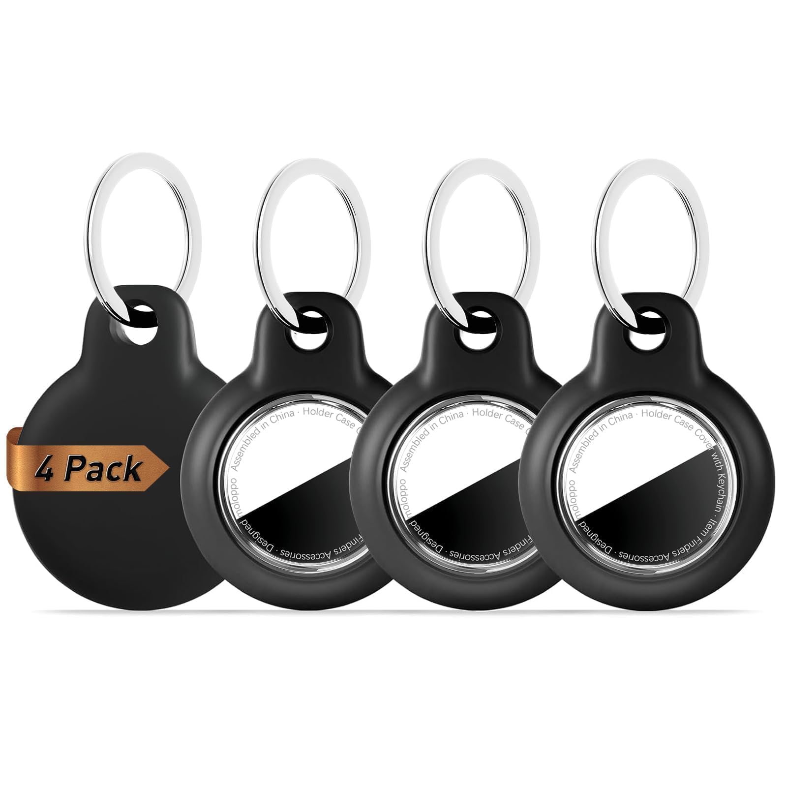 MOLOSLEEVE 4 Pack Upgrade Holder Case for Airtag with 2 Keychains, 4 Black