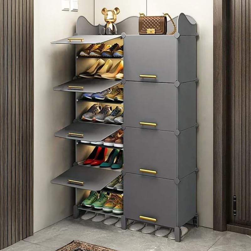 Stylish Multi-Layer Shoe Rack with Dustproof Doors and Side Hooks | 8 Door-16 Shelf Space-Saving Shoe Organizer Cabinet for Home & Office | Modular Shoe Rack, DIY Assembly - Grey