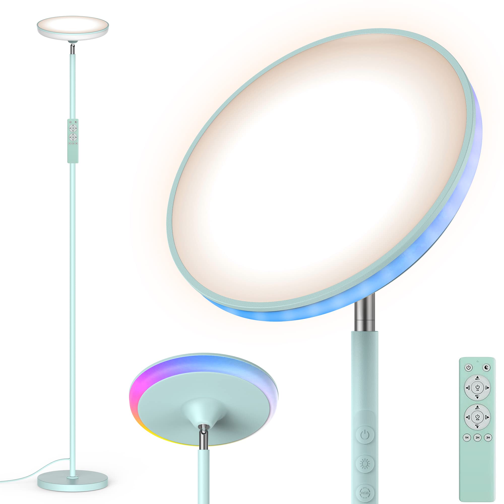 Bright Floor Lamp for Living Room, 42W LED Room Lights with Remote, 3700LM RGBW Modern Tall Standing Light, Color & Brightness Dimmable, UFO Ring Lamp,1/2/3H Timer for Bedroom,Office(Blue