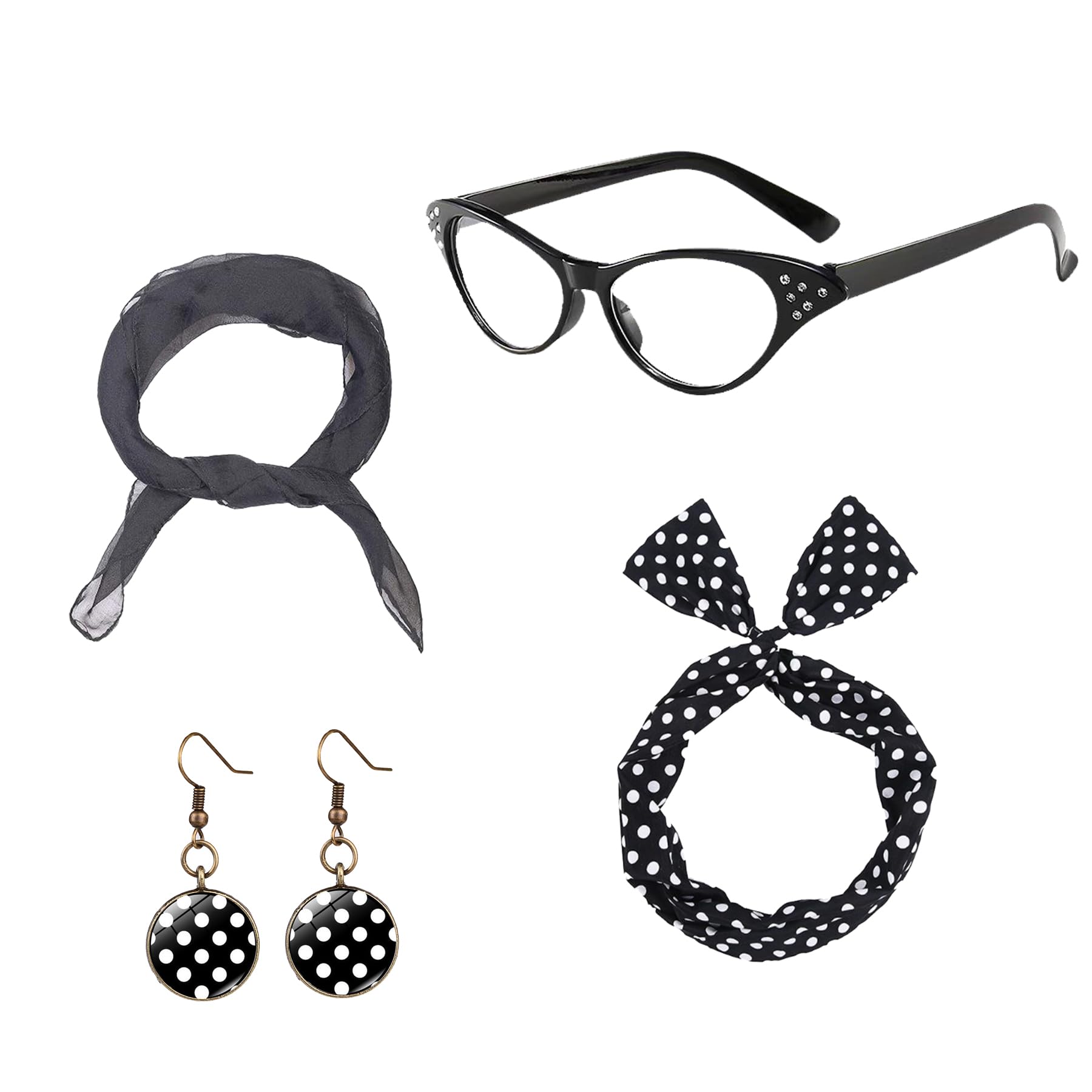 BAIYSFFG 50s Costume Accessories for Women 1950s Fancy Dress Kit Cat Eye Glasses Polka Dot Bandana Tie Headband Earrings Ladies Grease Fancy Dress for Women Ladies 1950s Retro Party Decor (Black)