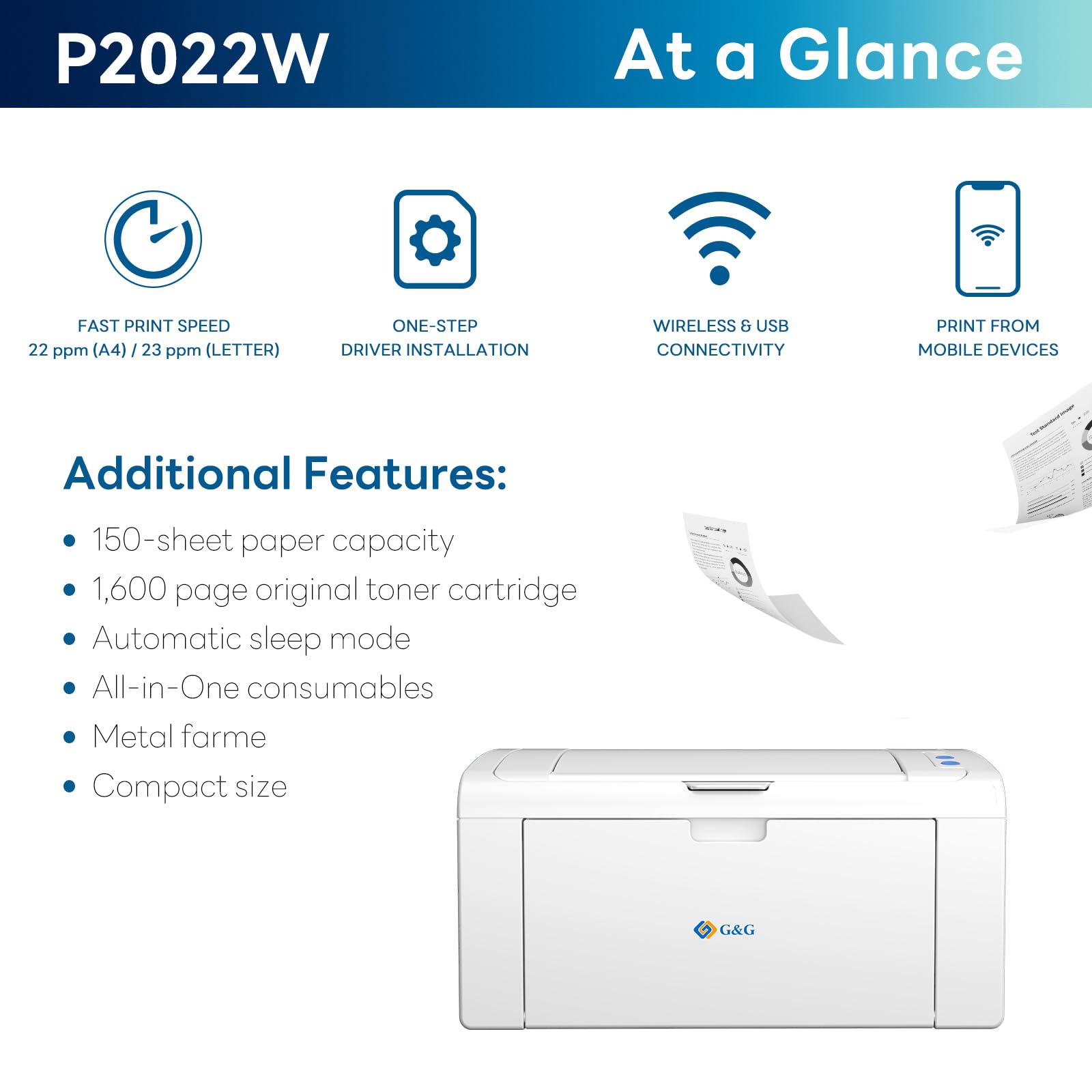 G&G P2022W Stampante Laser Bianco e Nero Wifi, Singola Funzione A4 Stampanti con Toner Laser in Offerta, 23 ppm, Compatta per Ufficio/Casa