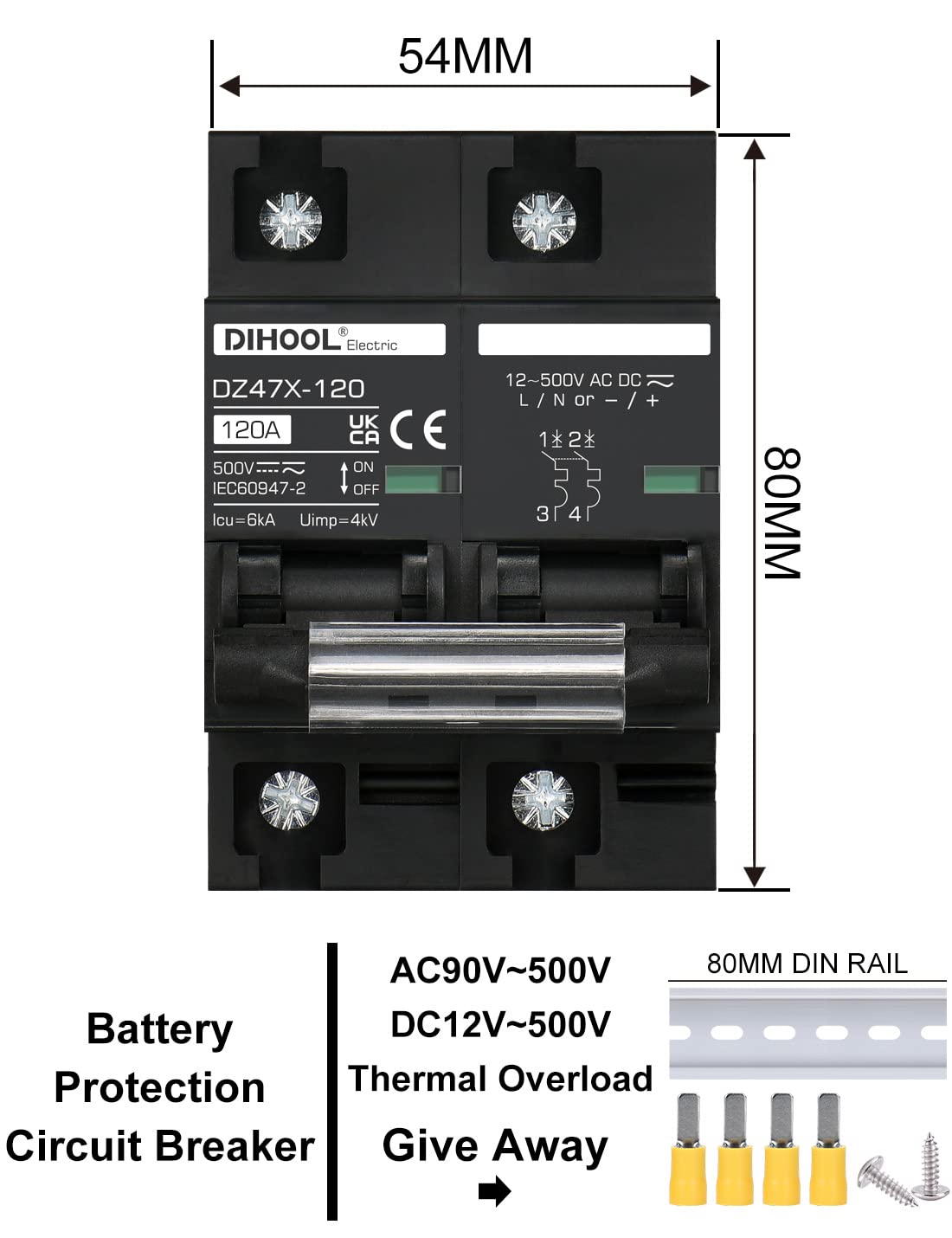 DIHOOL Wyłącznik DC 12V 24V Solar PV Bezpiecznik fotowoltaiczny automatyczny (DC500V,2 Pole 125A)