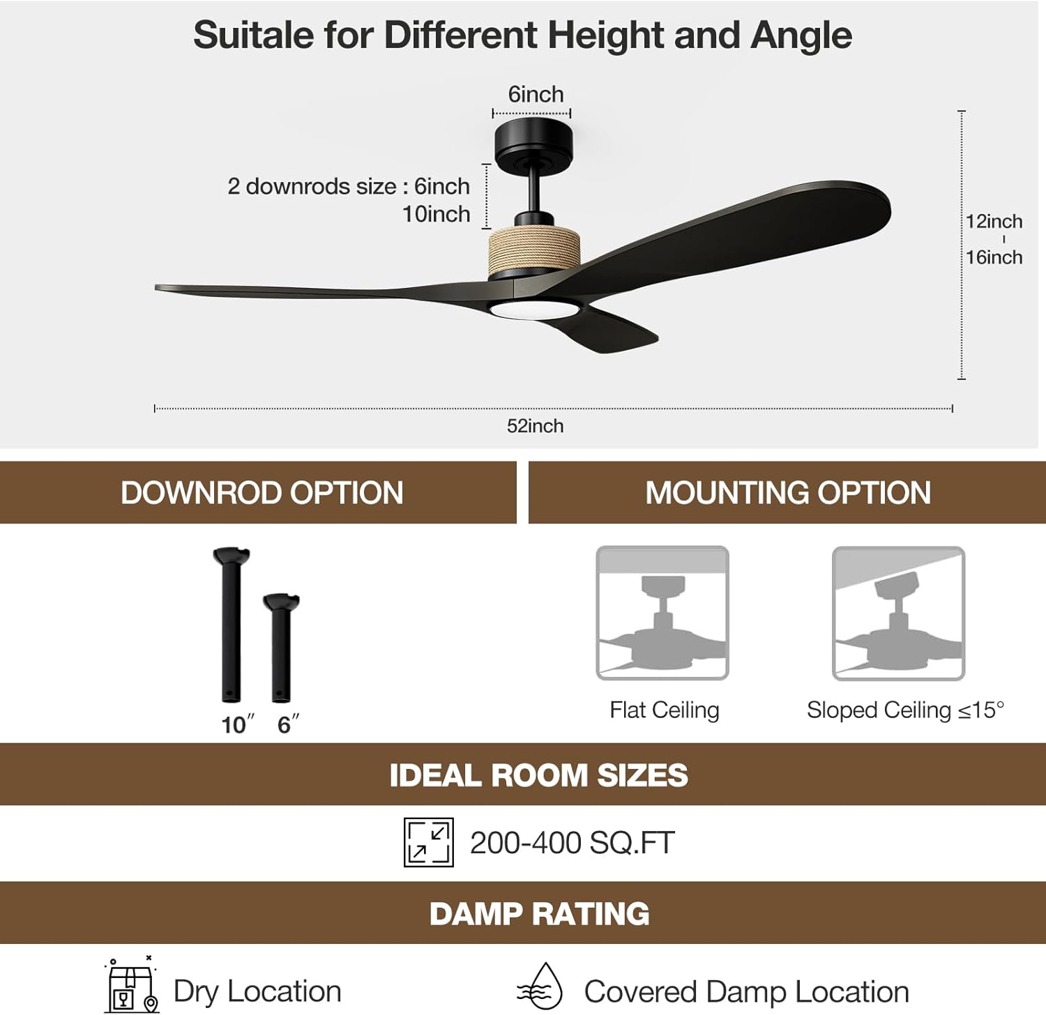 Diagram showing downrod sizes and various mounting options: flat ceiling and sloped ceiling.