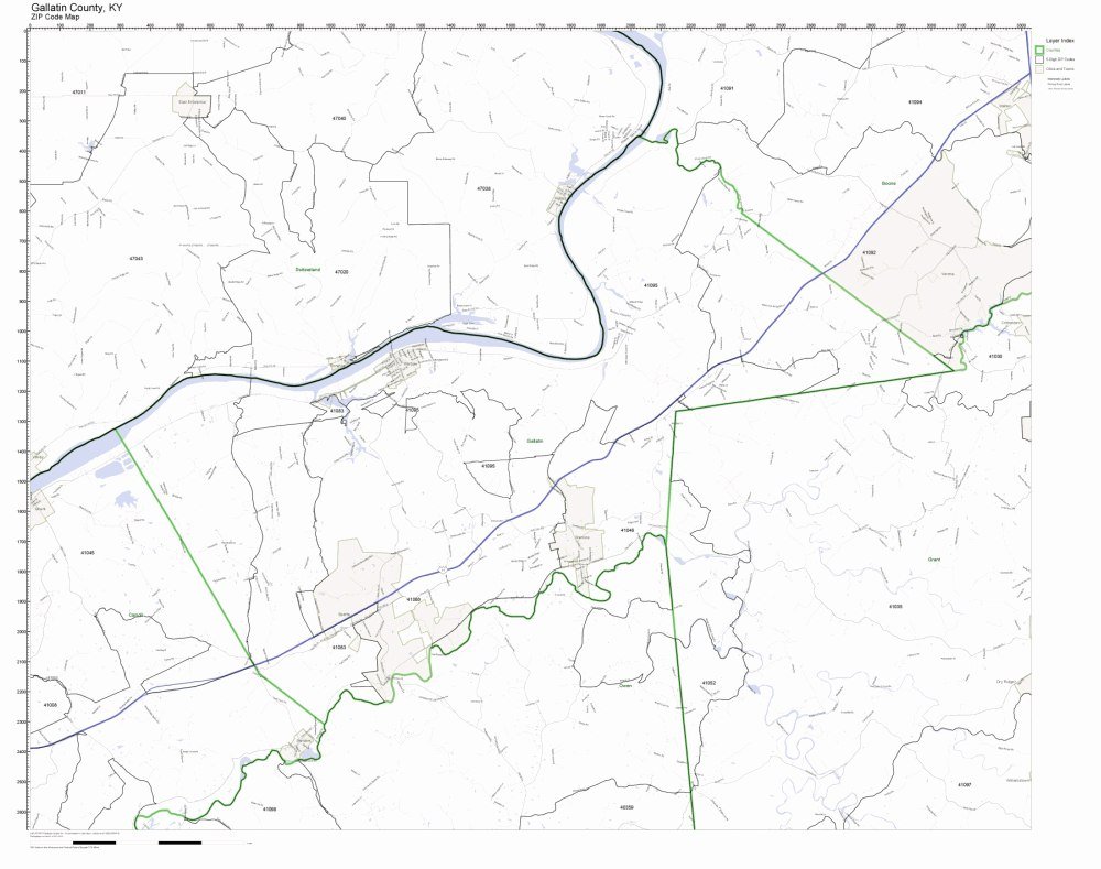 Gallatin County, Kentucky KY ZIP Code Map Not Laminated