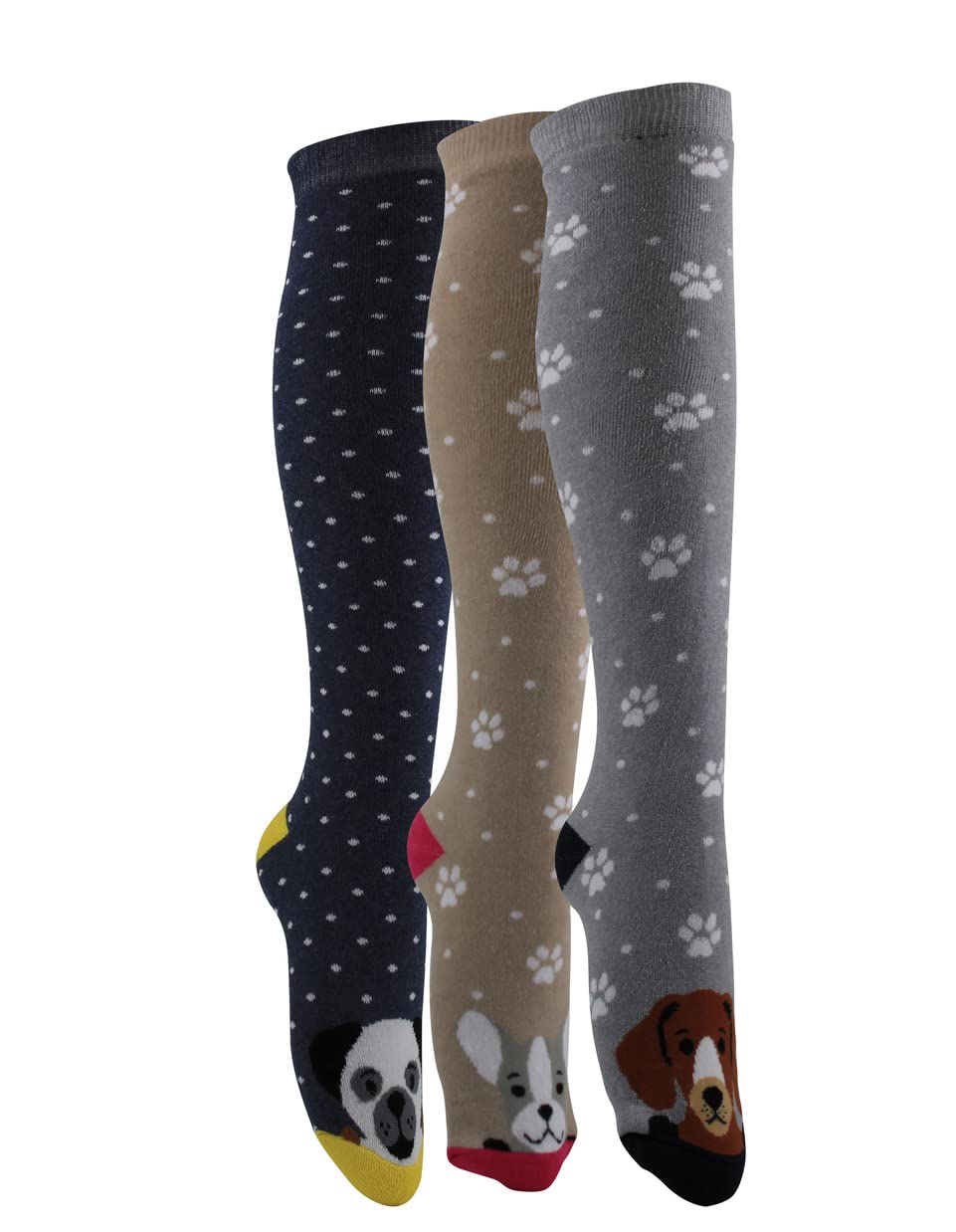 Henry George Women's Multicolour 3 Pack Girls Novelty Dog Pattern Socks Designed For Welly Boots Cushion Sole Size 4-7 Uk Full Length