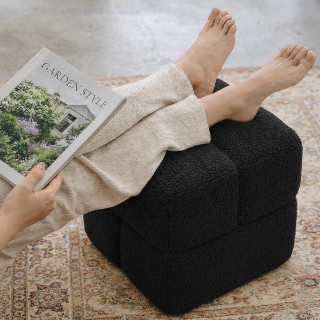 Modular Boucle Ottoman, Upholstered Cube Footstool, Soft Sherpa Fabric, Stackable Accent Ottoman