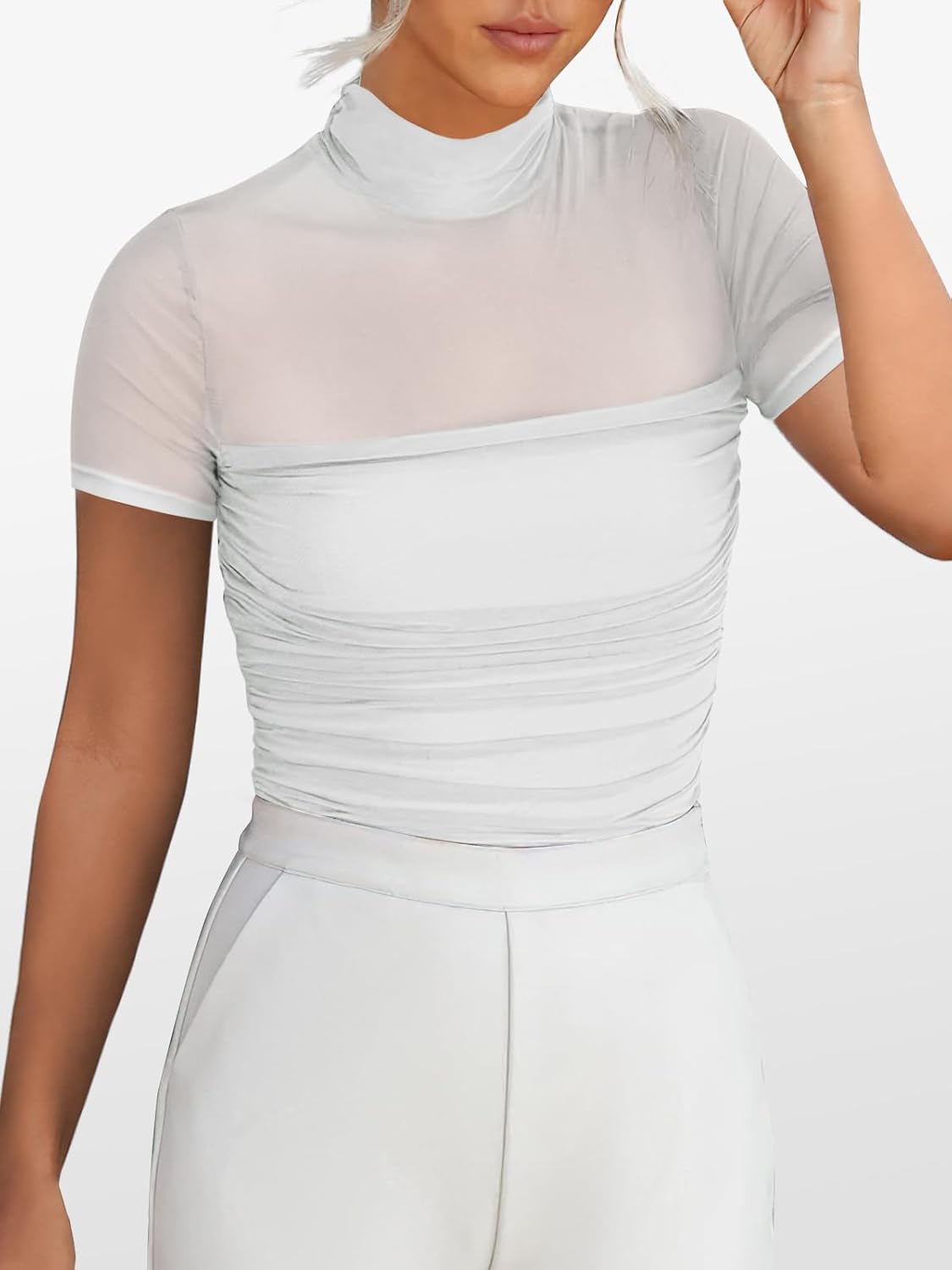 ANRABESS Womens Summer Sexy Mock Turtle Neck Short Sleeve Tops Sheer Mesh Shirts Slim Blouse Trendy Ruched Going Out Outfits - Image 6