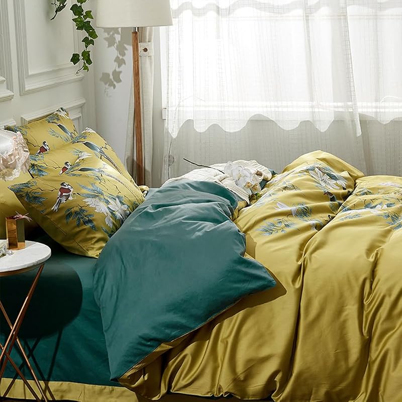 mixinni Garden Style Cotton Flowers and Birds Pattern Printed Duvet Cover Reversible Design Peacock Blue 3 Piece Bedding Duvet Set with Zipper Closure, Perfect for Him and Her-Queen Size image 3