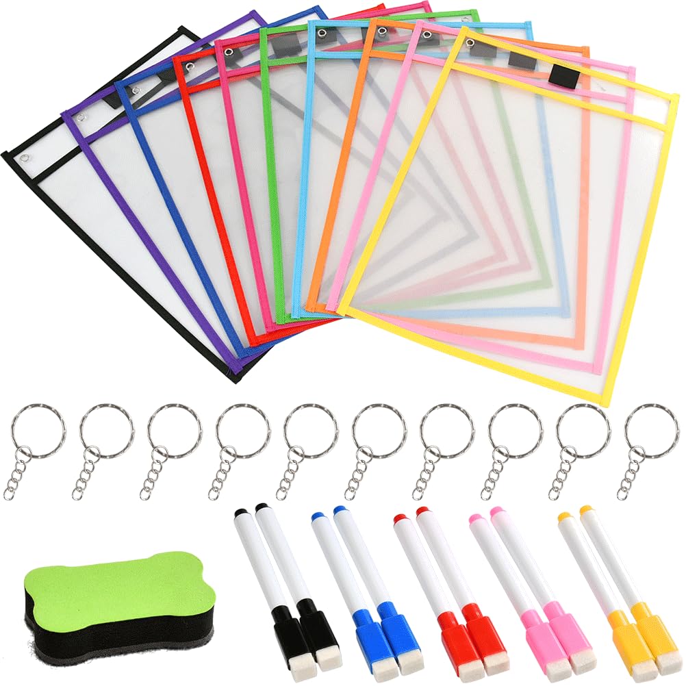 31 PCS Reusable Dry Erase Pockets, 10 Color Dry Erase Pocket Set, Write and Wipe Clean Pockets with Bone Shape Eraser +10 PCS Erase pens for School, Office