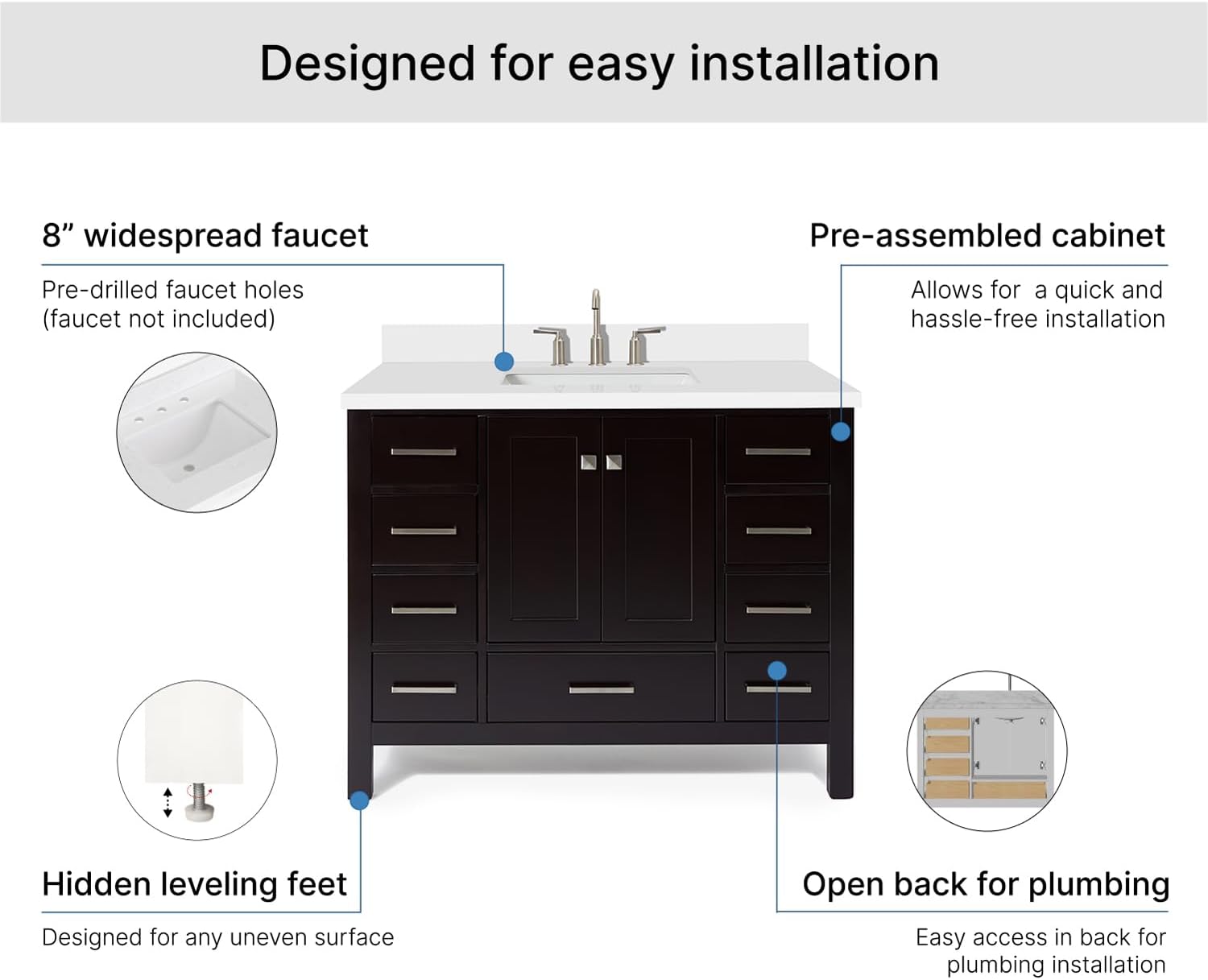 ARIEL Cambridge 42-inch Bathroom Vanity with Sink,Solid Wood, 1.5-inch Pure White Quartz Countertop, Single Rectangular Porcelain Sink, 2 Soft Closing Doors, 9 Dovetail Drawers, Espresso
