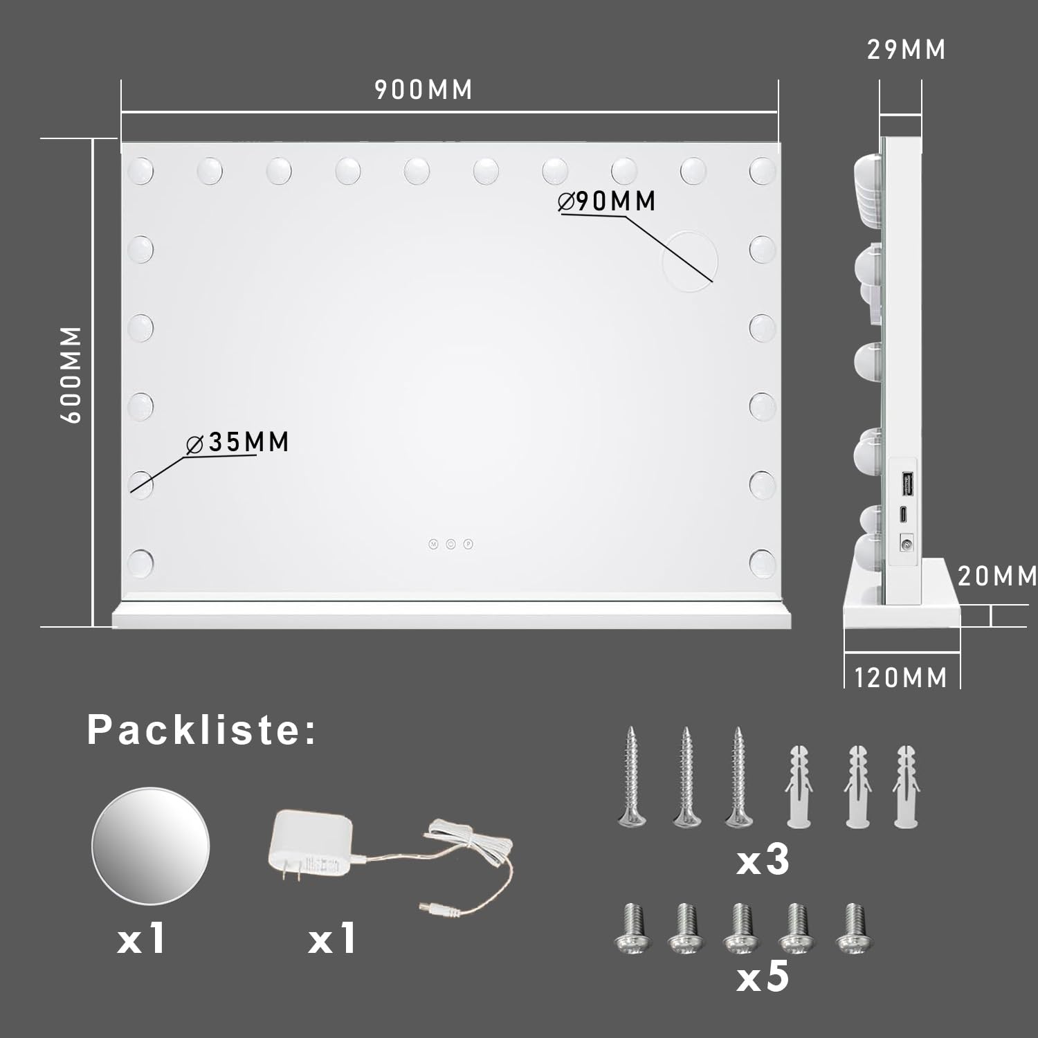 MIQU Hollywood Spiegel mit Licht 90 x 60 cm, Tisch Schminkspiegel mit Beleuchtung, 3 Farbmodi & USB/Type-C-Ladefunktion, Groß Make Up Spiegel für Schminktisch mit 20 LED Lampen Weiß