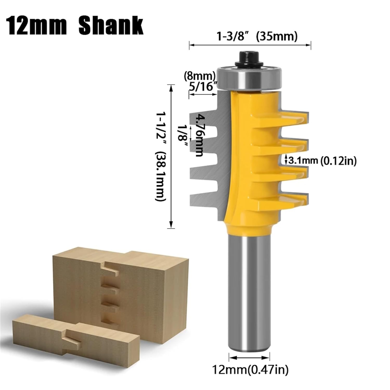 6mm 8mm 12mm 1/2 1/4in Shank Rail Reversible Finger Joint Glue Router Bit Cone Tenon Woodwork Cutter Power Tools Wood Router Cutter 1Pcs(12mm Shank)