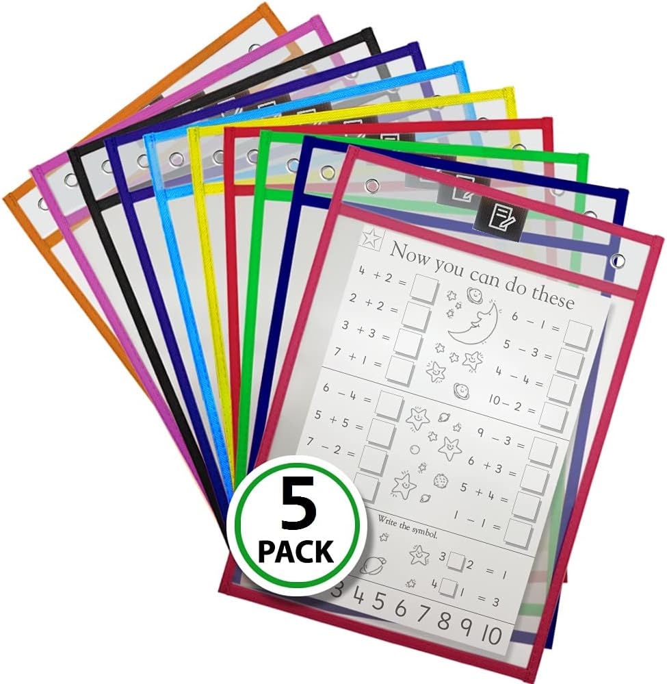 5 Pack Dry Erase Pockets 10x13 Inch 3 Hole - Clear Sheet Protector Pouches - Dry Erase Pockets Reusable Sleeves - Write and Wipe Pockets Pouches - Plastic Sleeves for Paper 10 x 13 - Dry Erase Sheets : Office Products