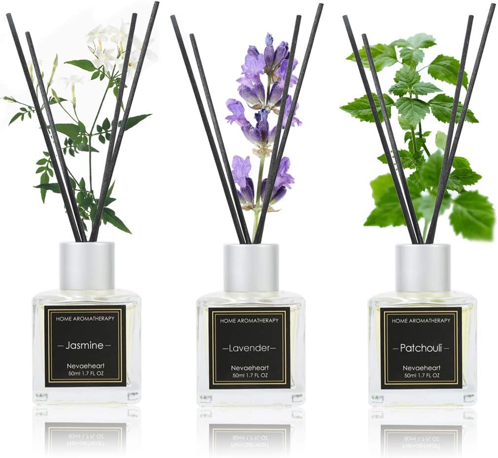 NEVAEHEART Reed Diffuser Set, Jasmine/Lavender/Patchouli, 1.7OZ x 3 Packs Reed Diffuser, Oil Diffuser Sticks, Home Fragrance Products, Fragrance Diffuser with Gift Box
