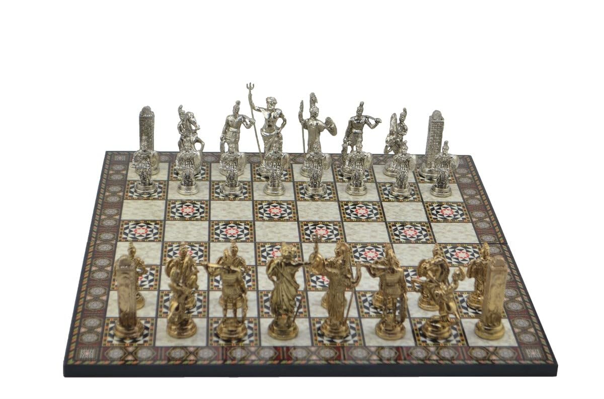 Gifthome Metal Satranç Takımı/Seti; Battal,Yunan,Parlak, Kat.Sedef Desenli Satranç Tahtası