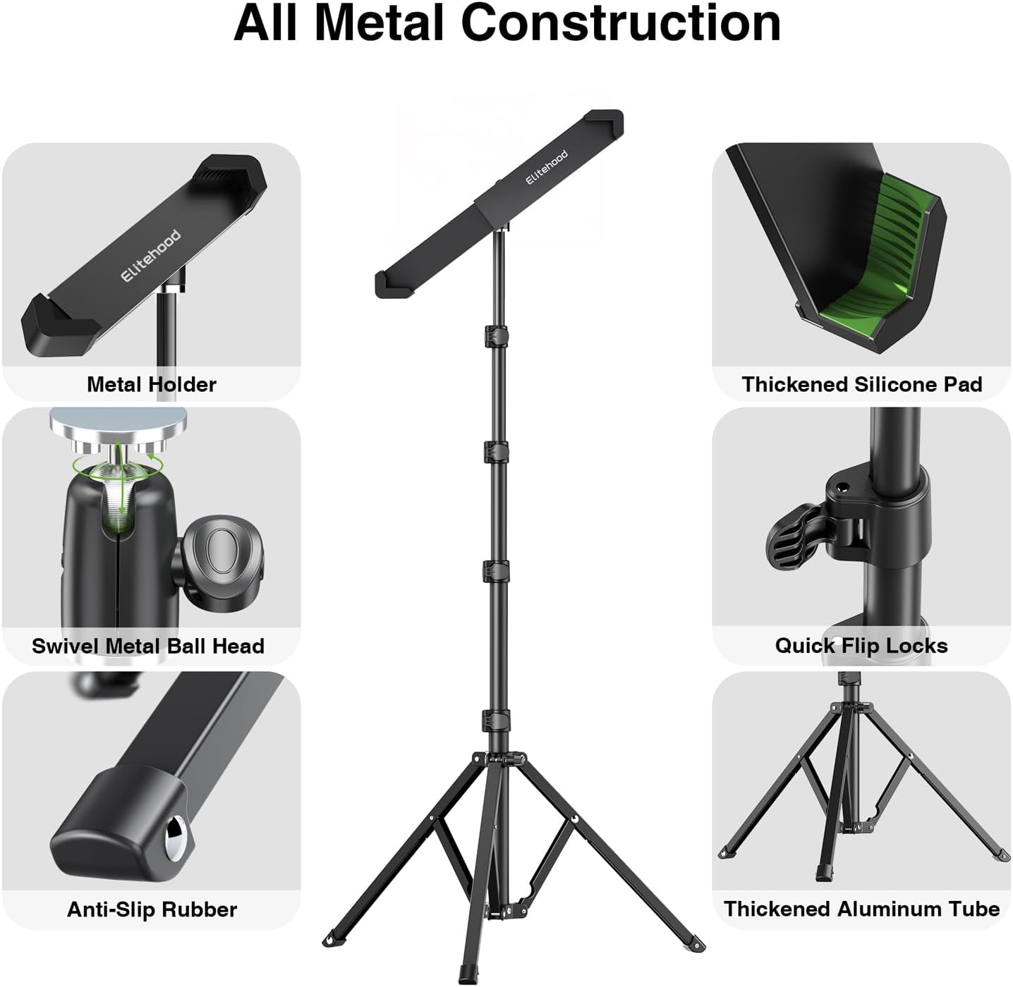 elitehood Aluminum iPad Stand with Diagonal Tablet Holder, 65” Height Adjustable iPad Tripod Floor, 360° Rotating Tablet Stand Tripod for Music Office, Compatible with All 9-14.2 Inch Tablets