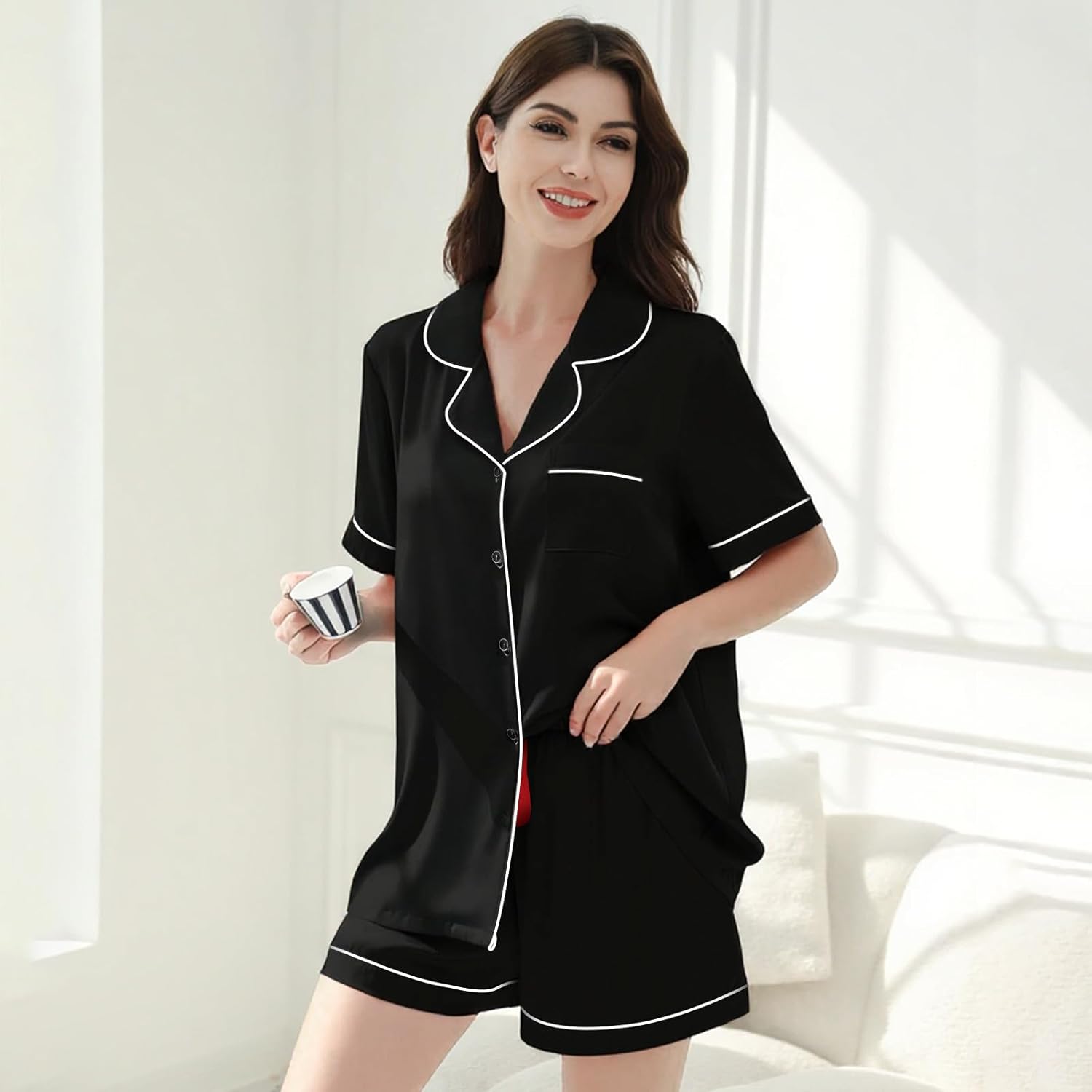 Women's Silk Satin Pajama Sets Short Sleeve,2 Piece Button Down Sleepwear & Shorts,Soft Breathable Loungewear Black - Image 7