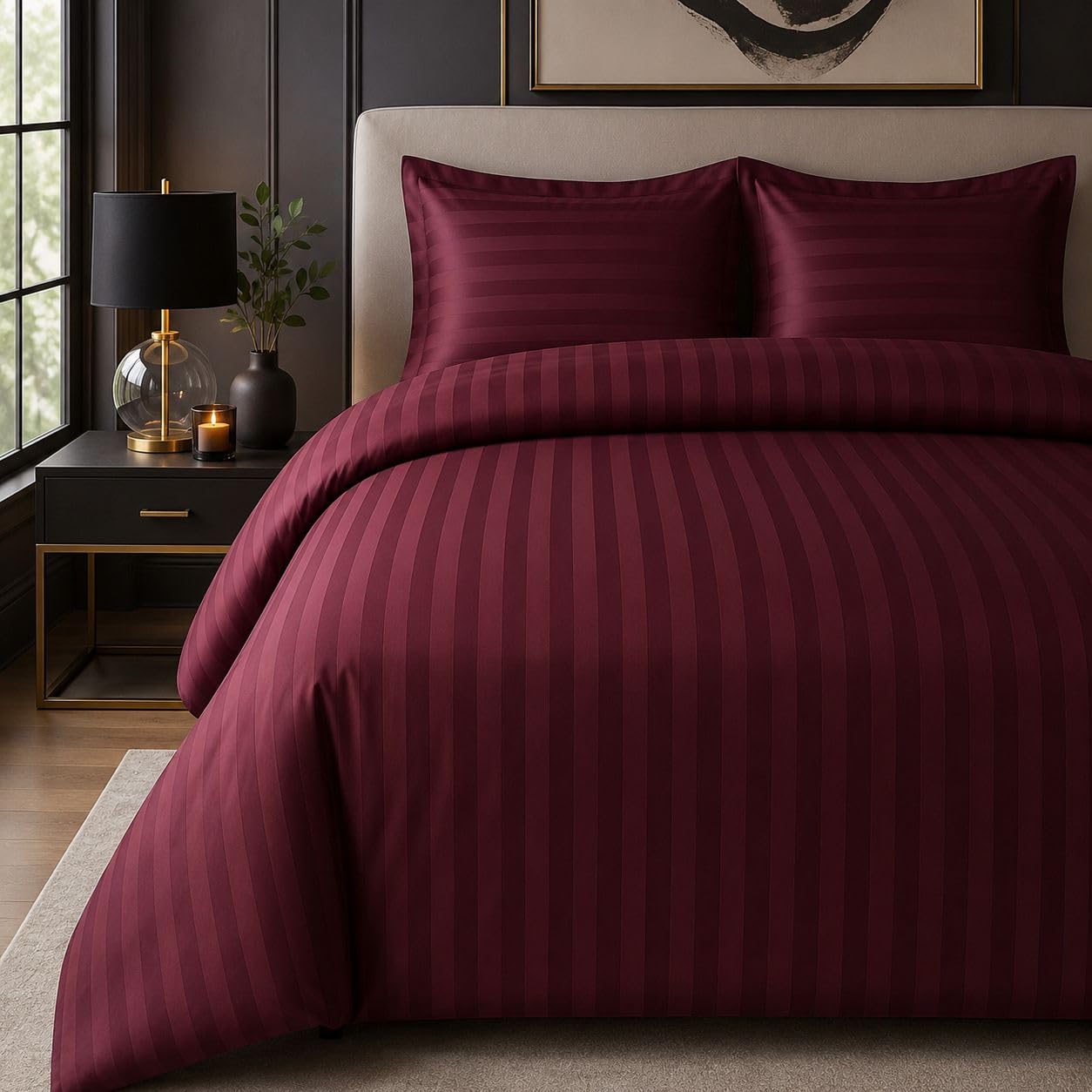Casabella Satin Stripe Duvet Cover Sets, Luxurious Double Bedding with Stripes, Double Duvet Cover Set, Hotel Quality Double Duvet Set & Pillowcases, Burgandy Satin Stripe Double Duvet Cover โ image 1