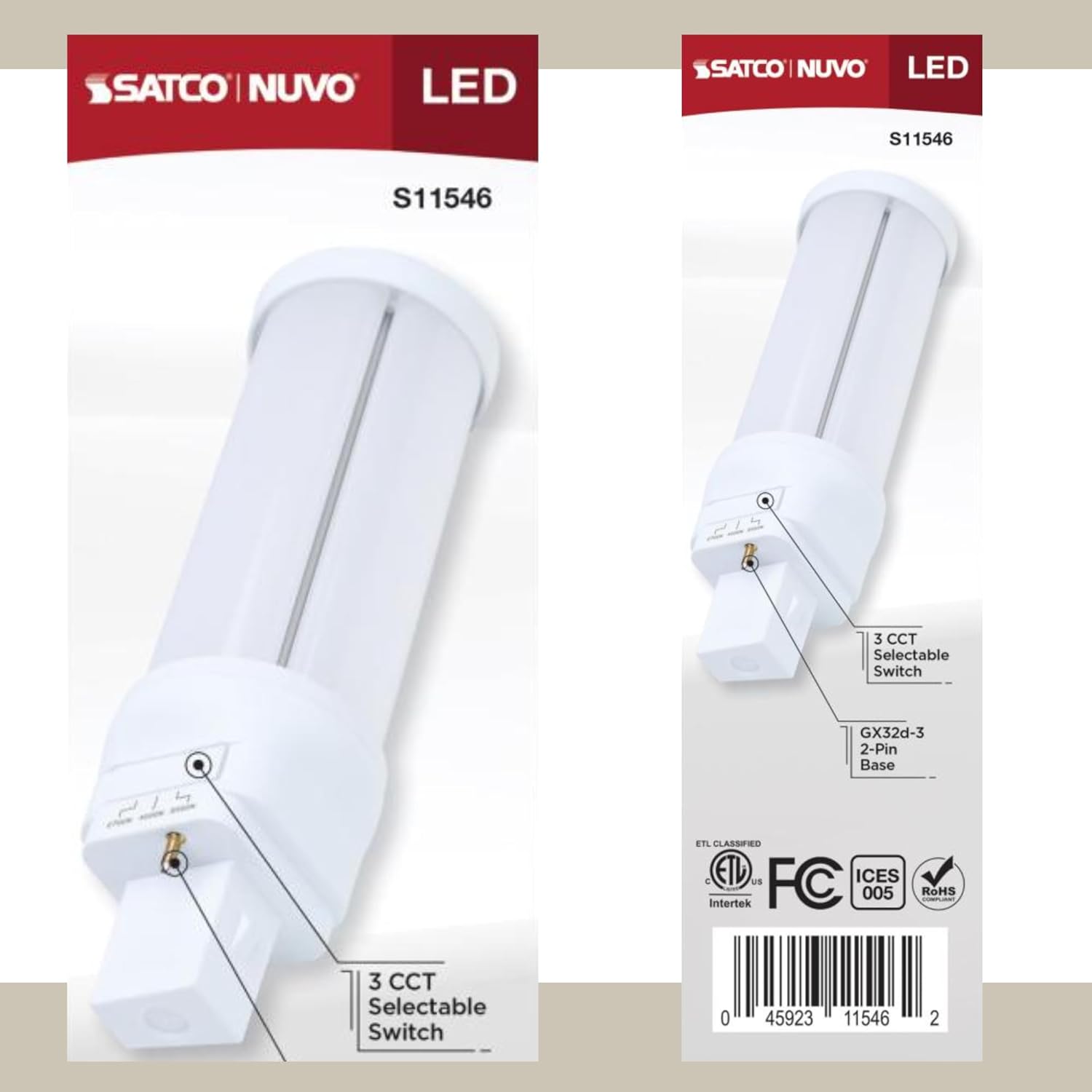 Satco 18W LED PL Lamp CCT Selectable 2700K/4000K/5000K 1800 Lumens GX32d-3 Base Type B Ballast Bypass 120–277V CFL Replacement Non-Dimmable S11546 (2 Pack)