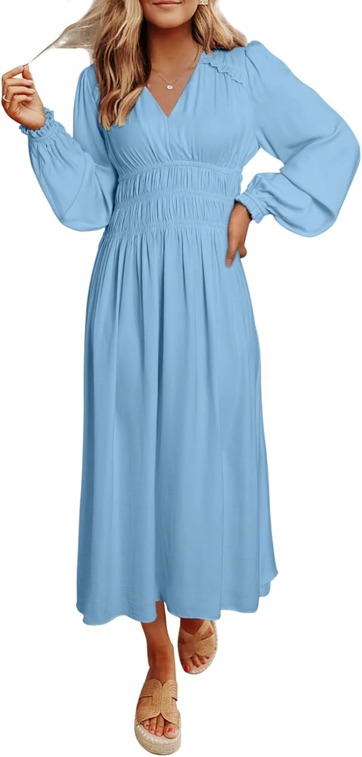 BLENCOT Womens Casual Long Sleeve Tiered V Neck Dress Pleat Ruched Ruffled Dress Solid Color Flowy Swing Midi Long Dresses - Image 4