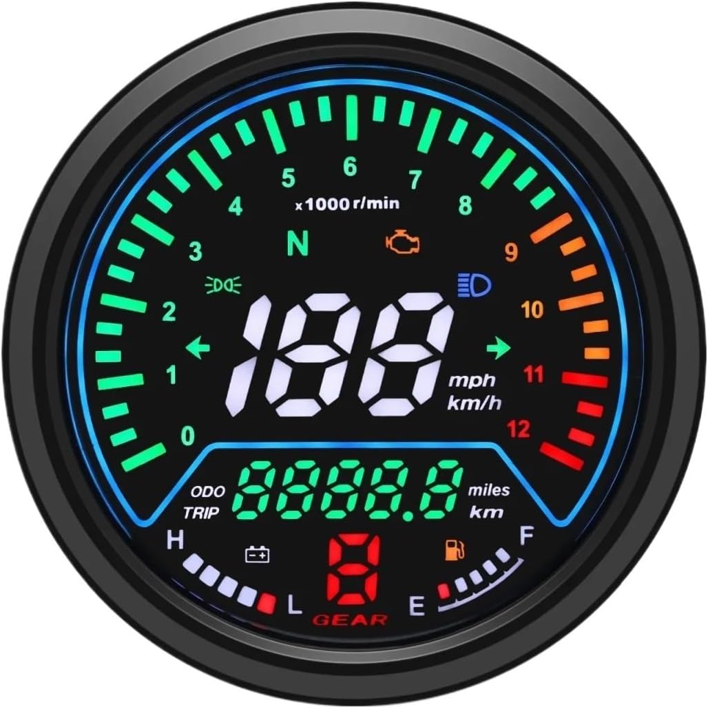 Motorcycle Odometer Gauge Odometer Gauge Motorcycle Tachometer Indicator 12V Universal with Signal Light for Motorbike Tachometer 12000 RPM Meter