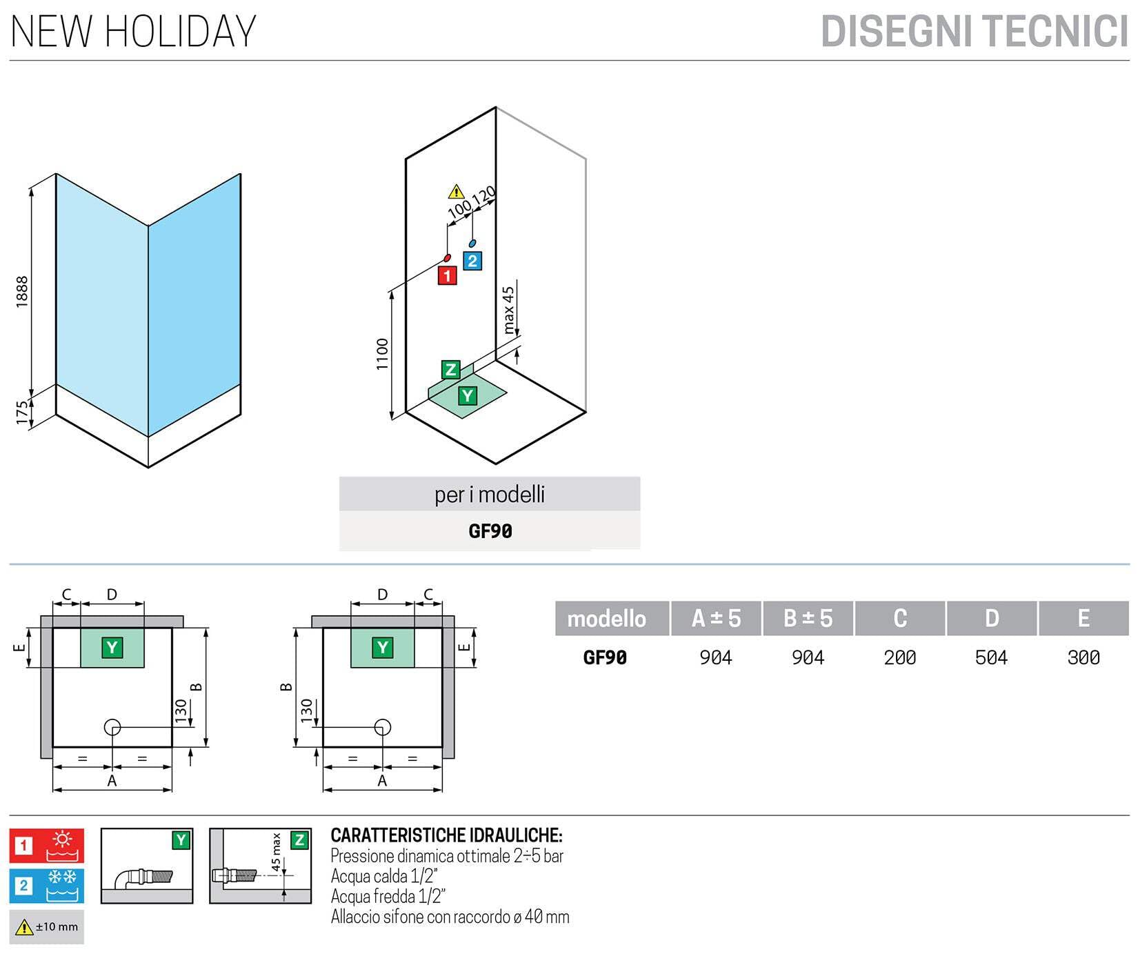 Novellini New Holiday GF90 Standard 90 x 90 cm Cabina de ducha multifunción apertura 1 puerta batiente + fijo ángulo izquierdo derecho mezclador mecánico cristal transparente perfil plateado altura