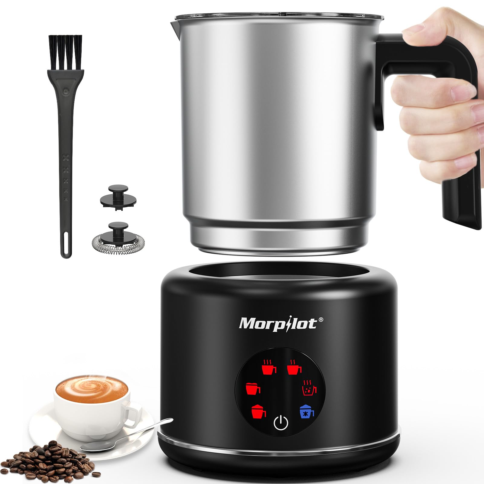 Montalatte Elettrico, Morpilot Milk Frother in Acciaio Inossidabile, 6 in 1 Funzione, Capacità 250ml Cappuccino o 500 ml Latte Caldo, Design Diviso, Nero