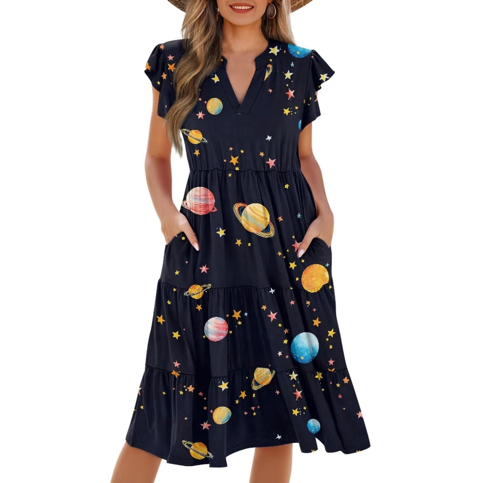Womens Summer Dress Ruffle Sleeve V Neck Dress Casual Fit Flowy Beach Vacation Sundress with Pocket S-2XL