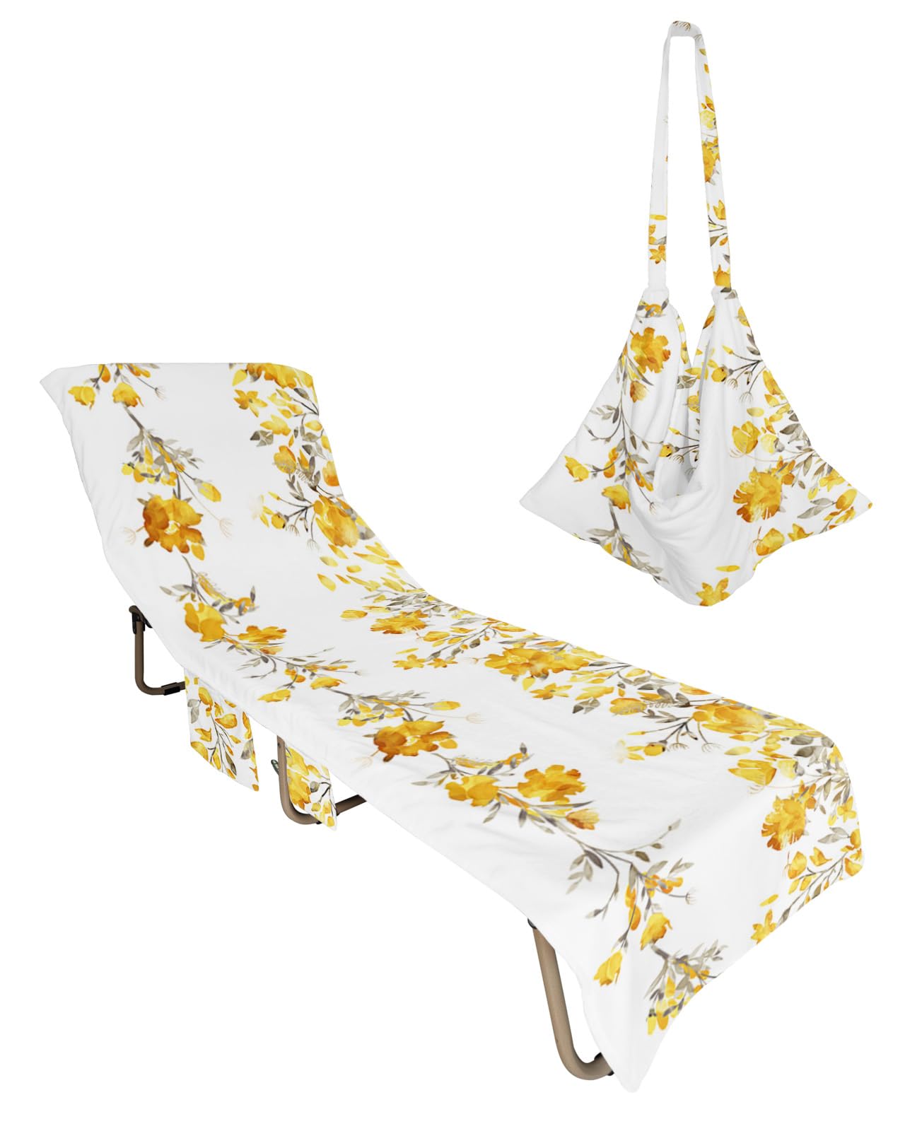 Yellow Grey Spring Floral Beach Lounge Chair Towel Cover, Soft Chaise Lounge Towel with Side Pockets Patio Pool Chairs Cover for Beach/Pool Sunbathing 29x85 Summer Botanical Pastoral Watercolor