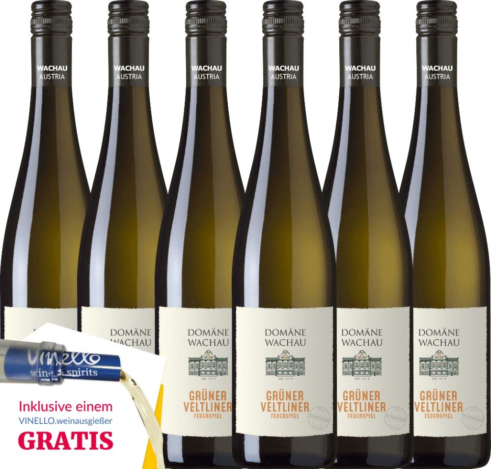 VINELLO 6er Weinpaket Weißwein - Grüner Veltliner Federspiel Terrassen 2021 - Domäne Wachau mit einem VINELLO.weinausgießer | 6 x 0,75 Liter