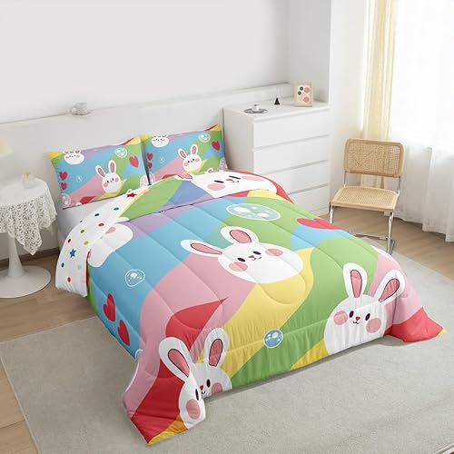Miniatura 4 de Lindos juegos de edredón de conejo, juegos de ropa de cama tamaño individual para niñas, lindo conejito, edredón acolchado a rayas coloridas con