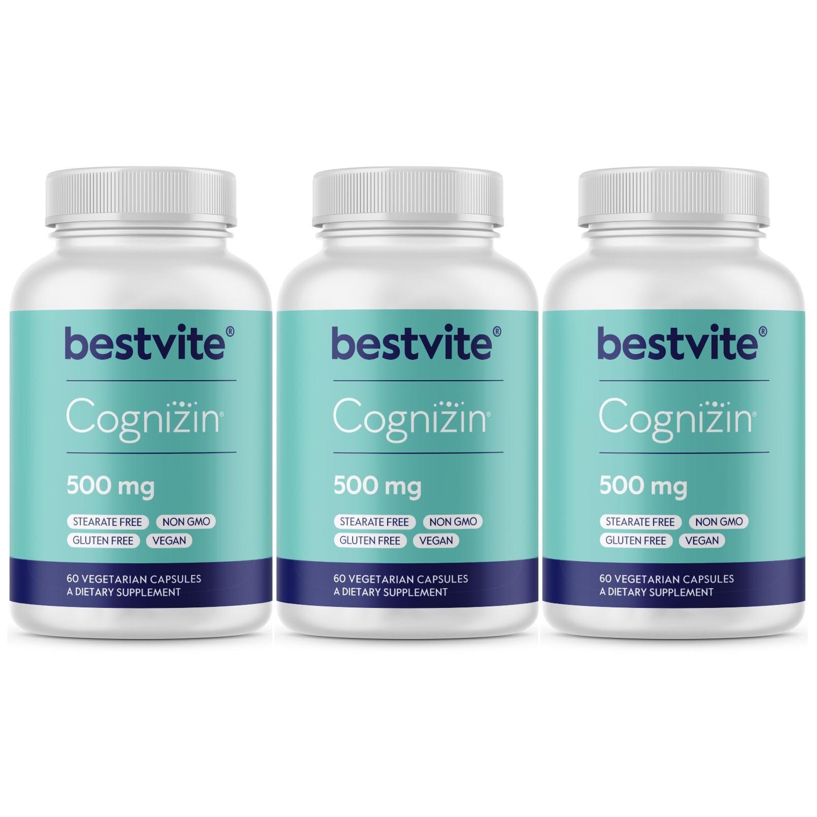 BESTVITE コグニジンシチコリン 500mg (180 ベジタリアンカプセル)(60 x 3) -シチコリン 臨床 研究 形態 - ステアレートなし - ビーガン - 非GMO - グルテンフリー 3