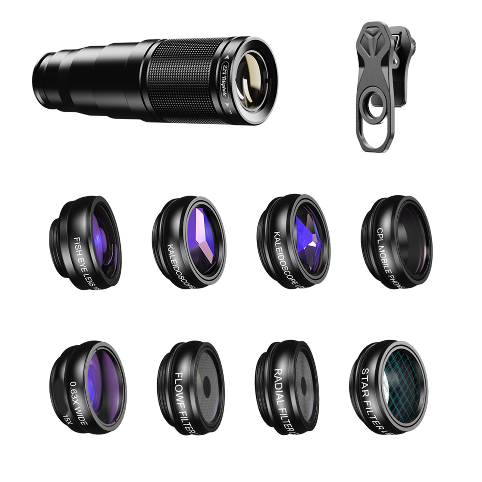 Obiettivo fotocamera 10 in 1, radiale, CPL, Star Flows, Filtro, Teleobiettivo 22x, Fisheye Set per 16 15 telecamere multifunzione