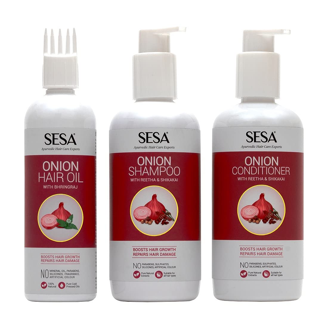 Sesa Ultimate Onion Anti-Hair Fall Combo for Complete Hair Care| Onion Oil – 200ml + Onion Shampoo – 300ml + Onion Conditioner – 300 ml