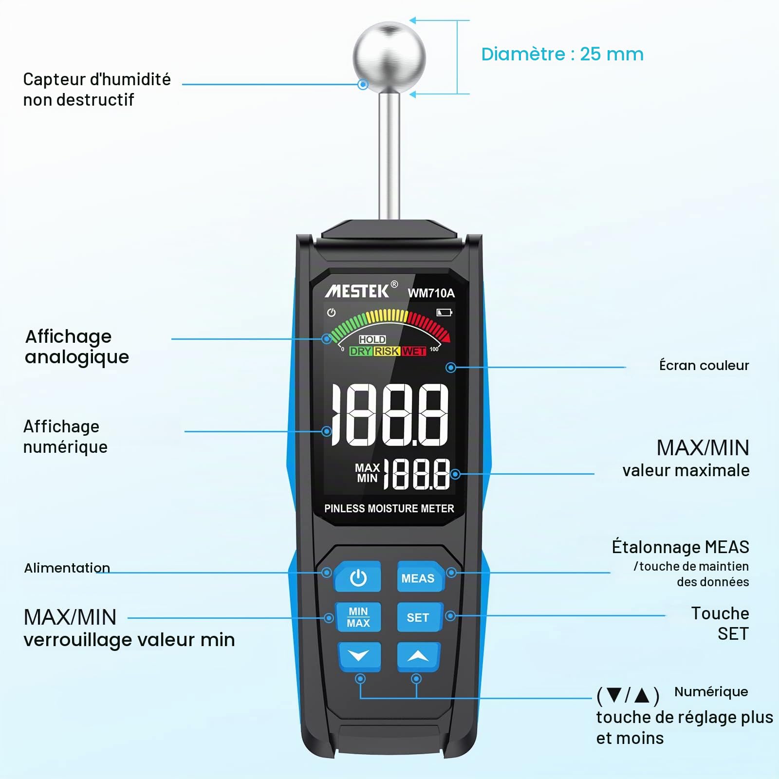Testeur d'Humidité MESTEK Humidimètre Murs Hygromètre 20-40mm Analyseur d'humidité sans Aiguille Numérique Écran LCD Alarme Fonction Pour Détecteur Bois Murs Maçonnerie Construction Béton Plâtre